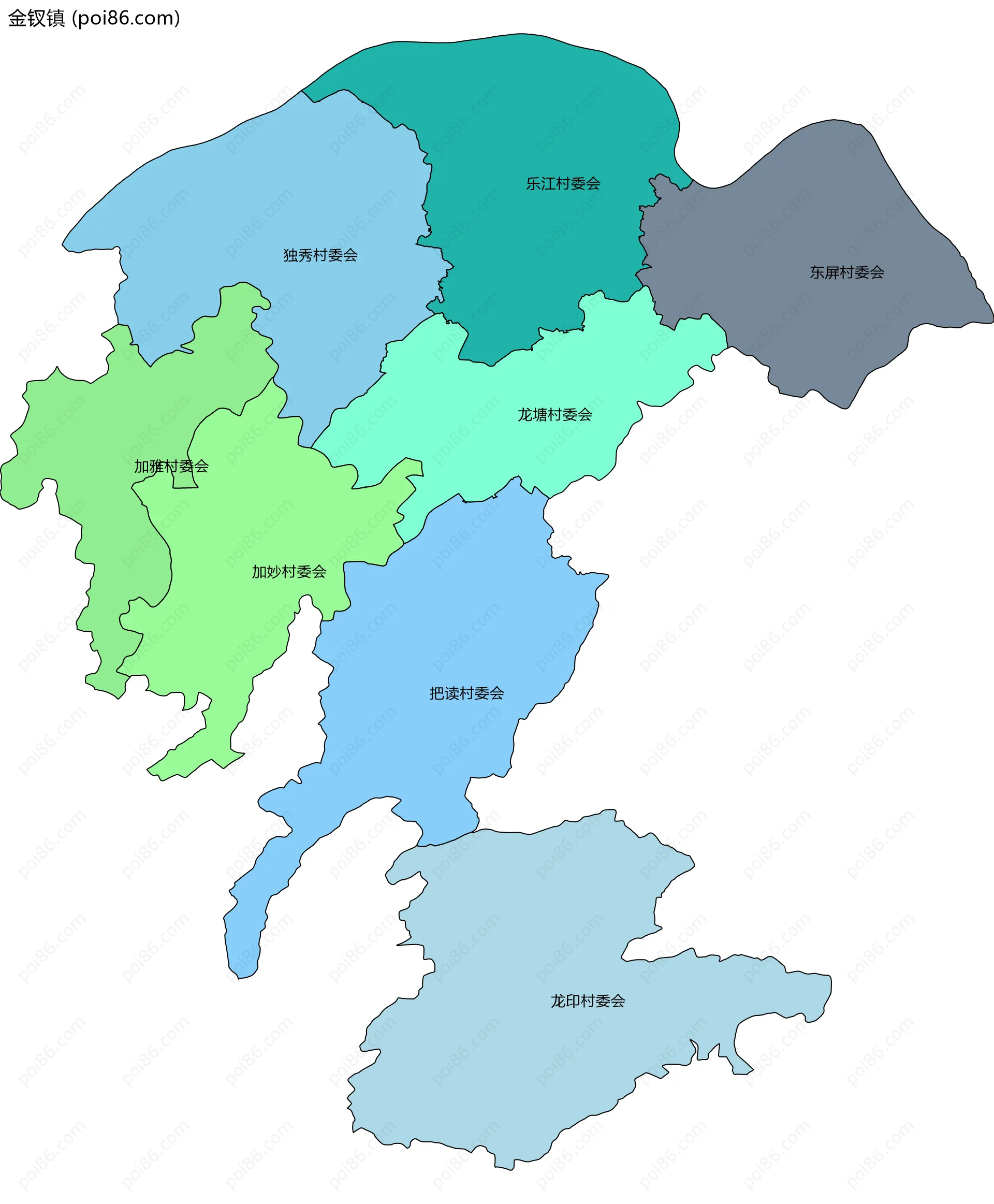 金钗镇边界地图(五级行政区划)