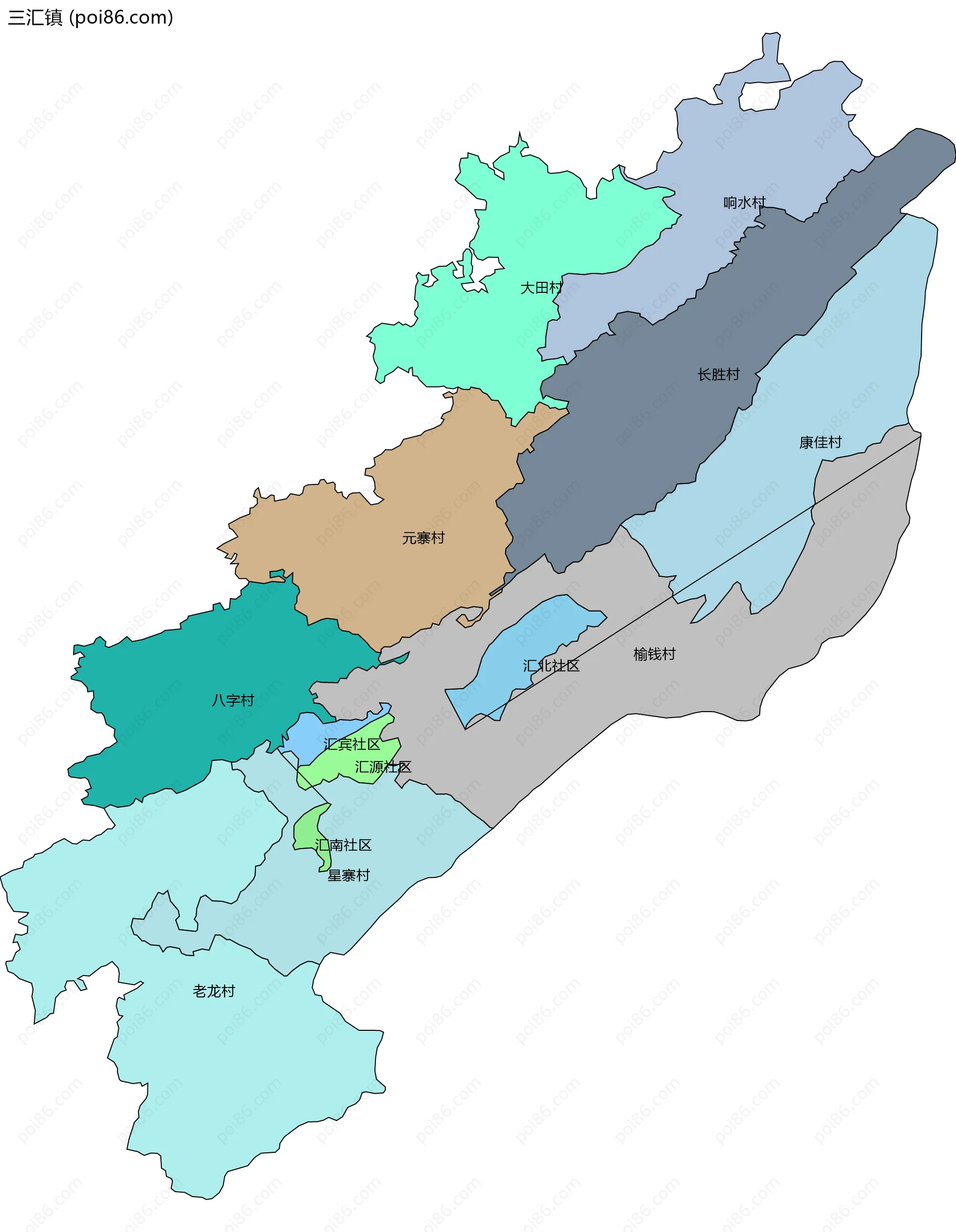 三汇镇边界地图(五级行政区划)