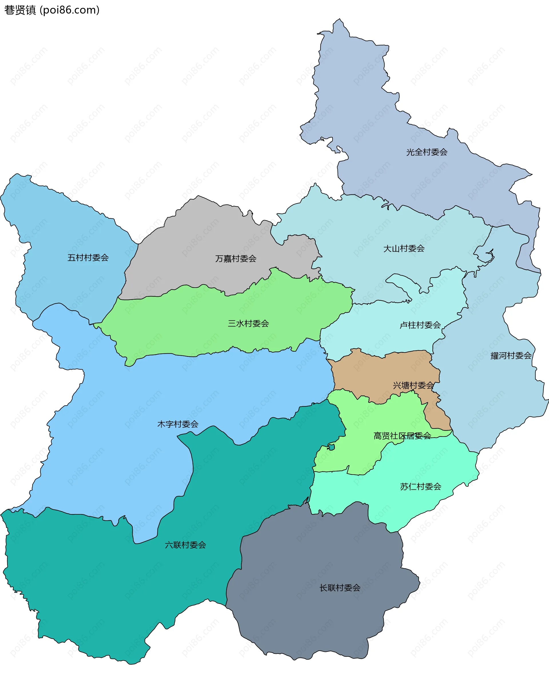 巷贤镇边界地图(五级行政区划)