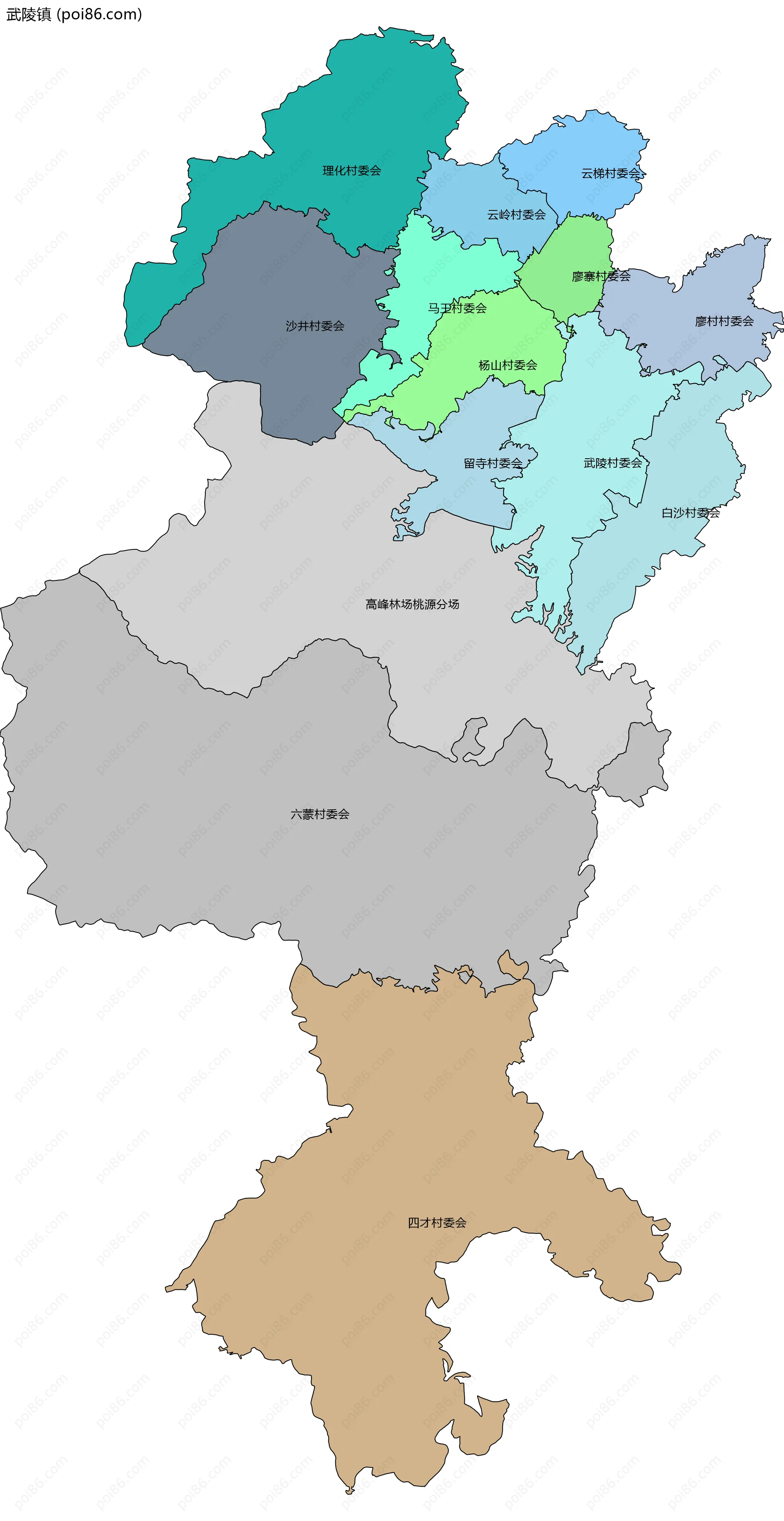 武陵镇边界地图(五级行政区划)