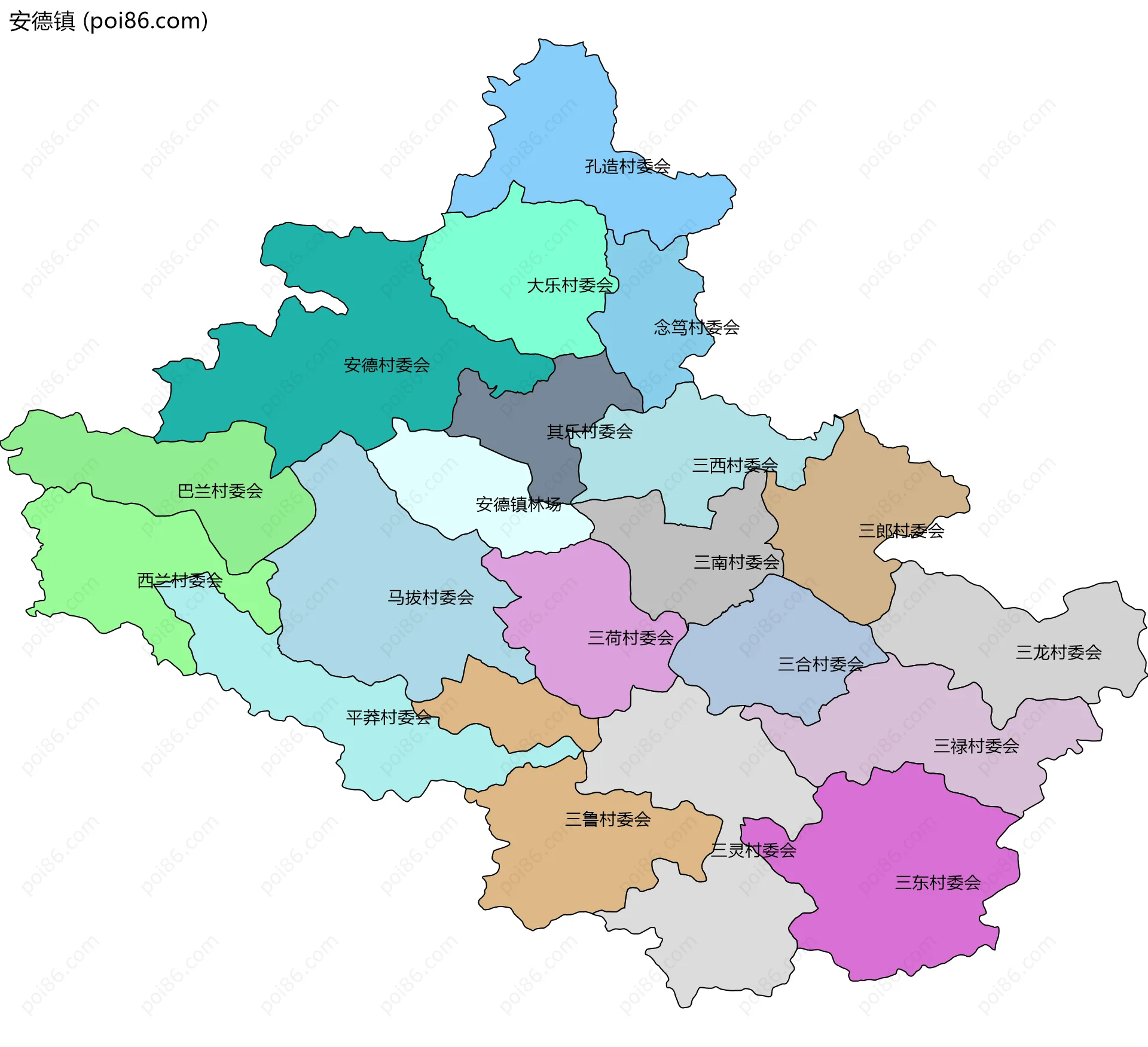 安德镇边界地图(五级行政区划)