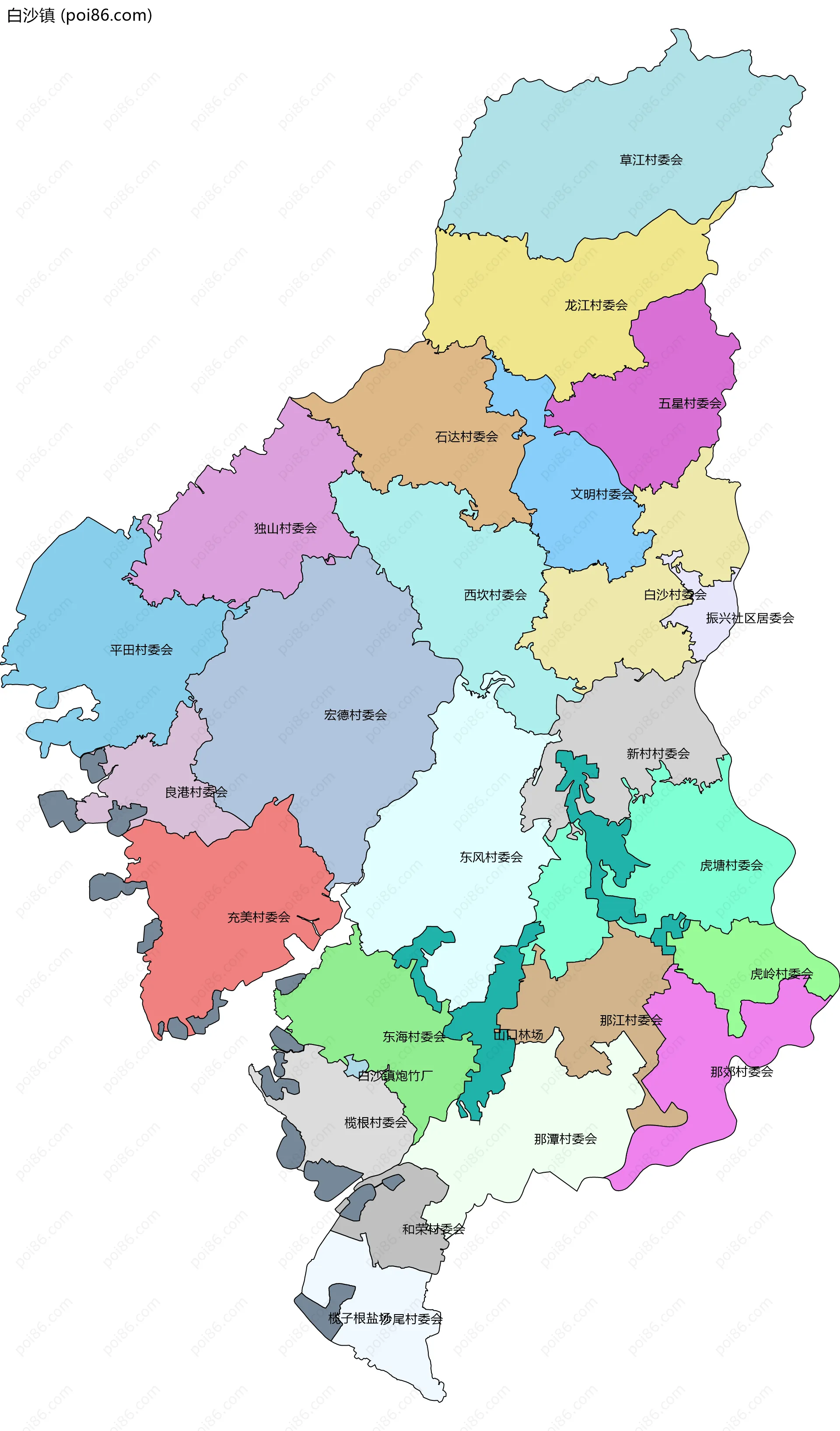 白沙镇边界地图(五级行政区划)