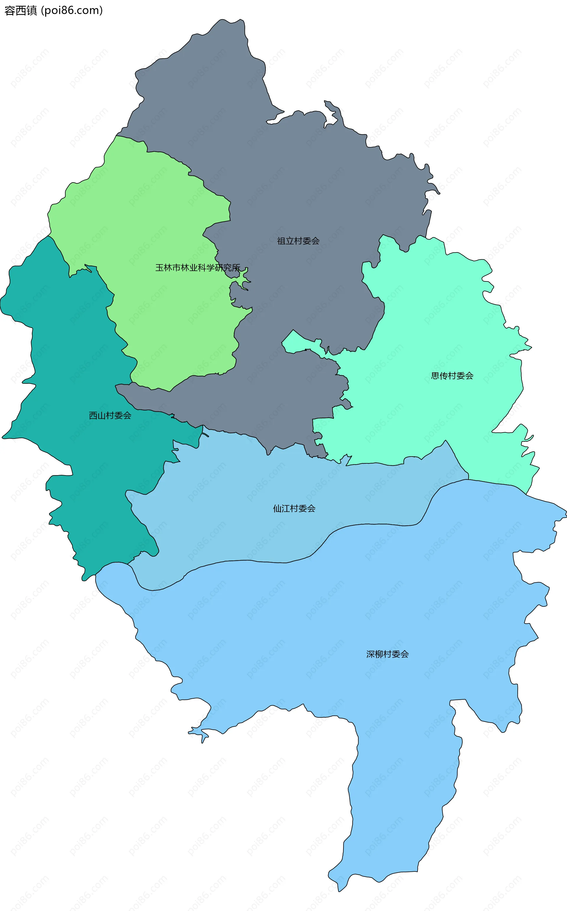 容西镇边界地图(五级行政区划)