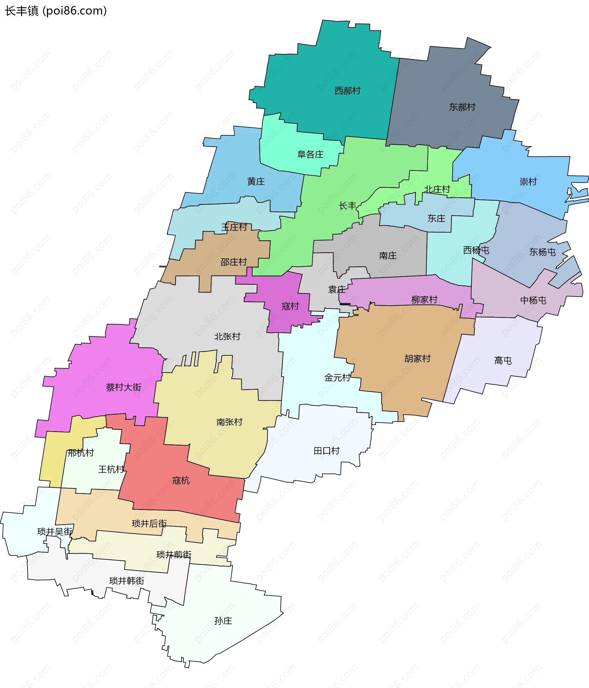 长丰镇边界地图(五级行政区划)