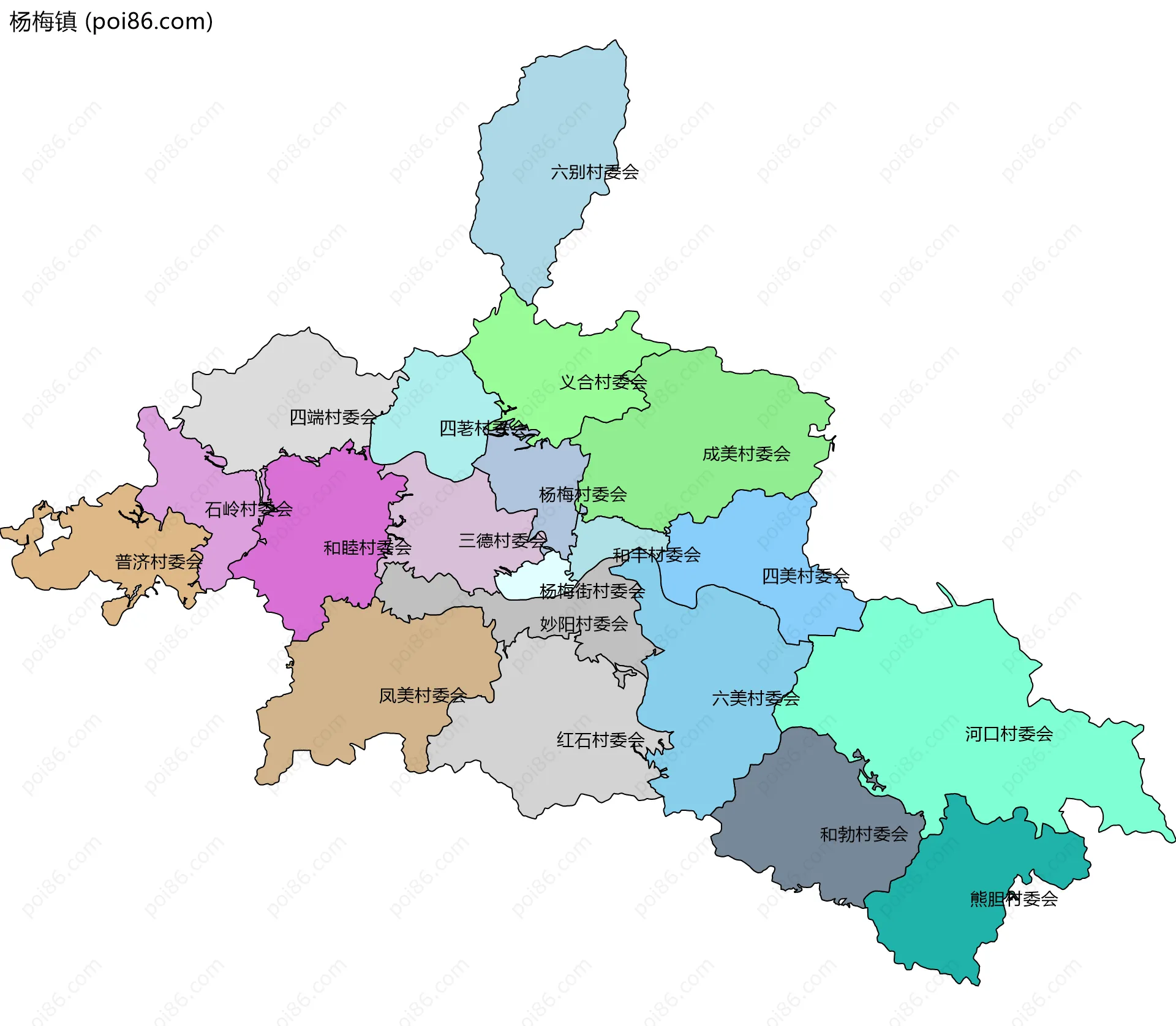 杨梅镇边界地图(五级行政区划)