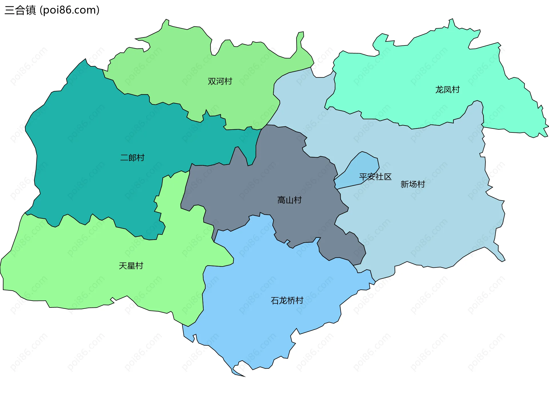 三合镇边界地图(五级行政区划)