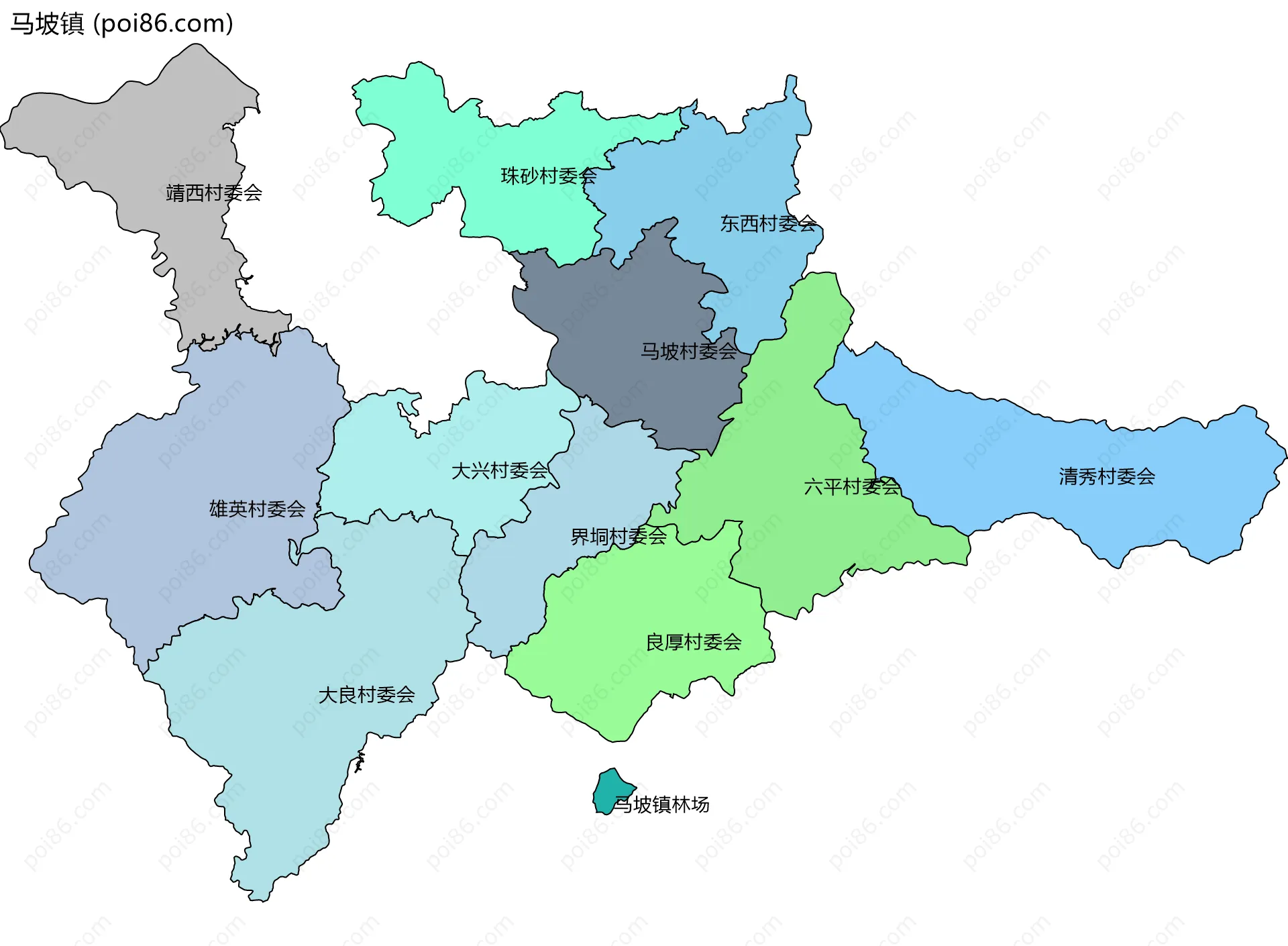 马坡镇边界地图(五级行政区划)