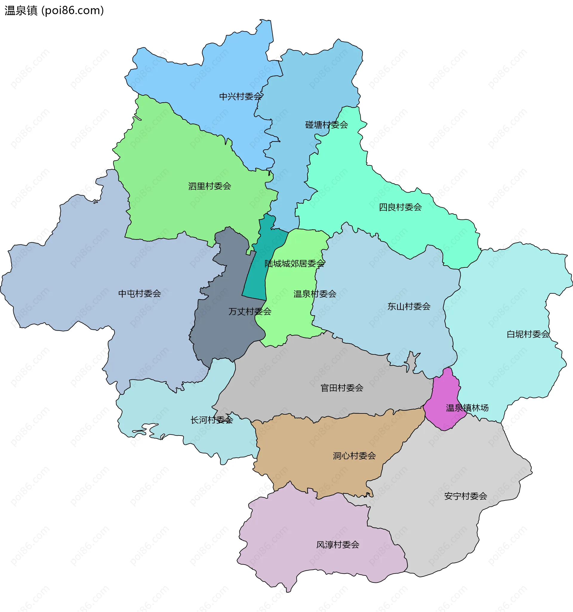 温泉镇边界地图(五级行政区划)