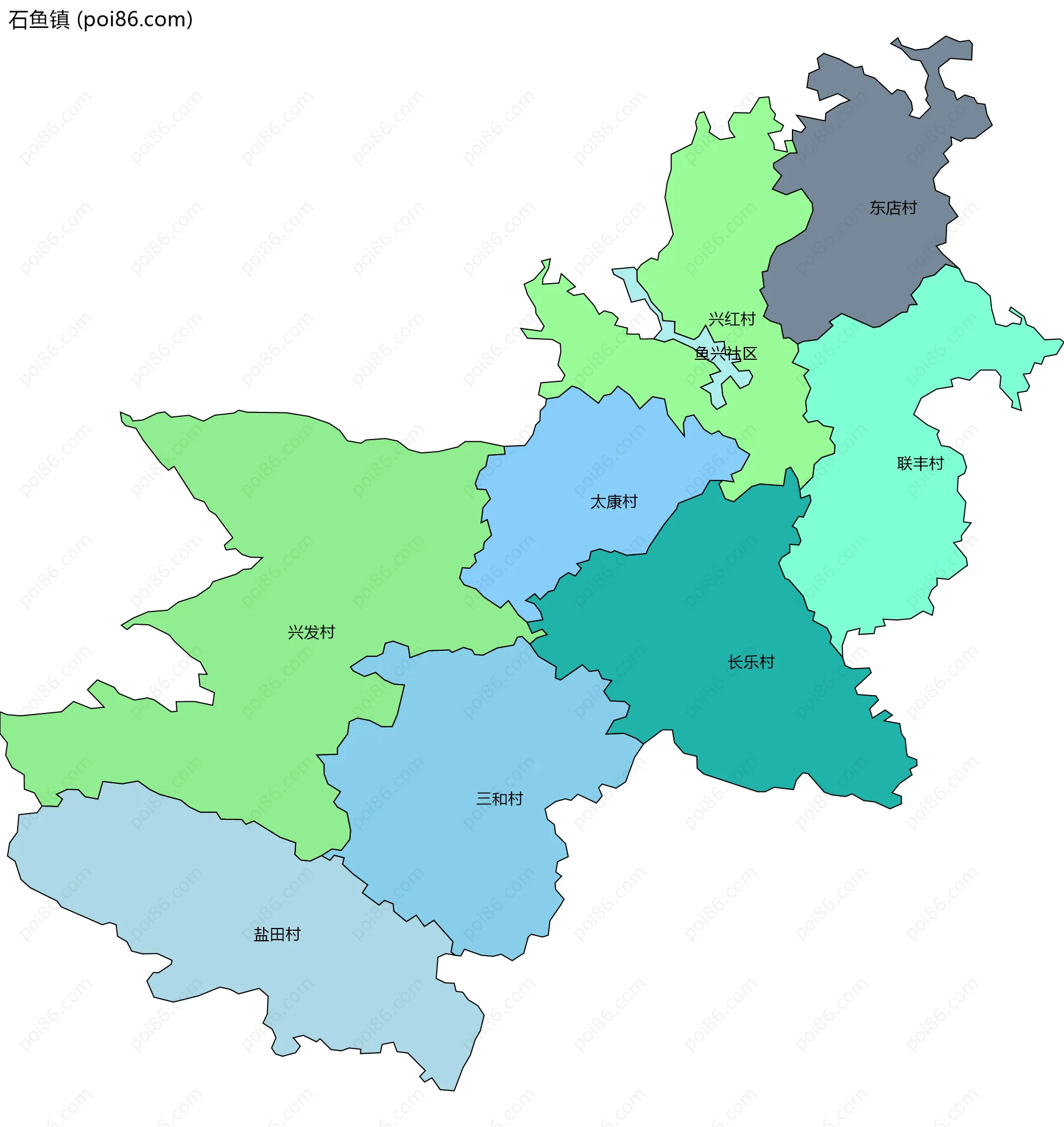 石鱼镇边界地图(五级行政区划)