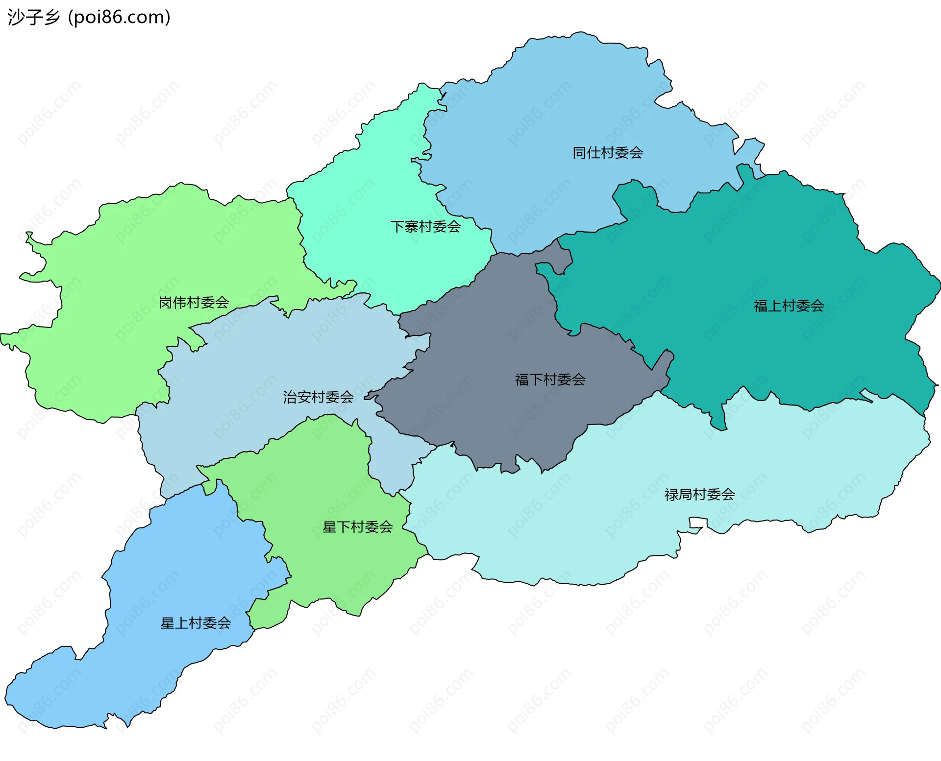 沙子乡边界地图(五级行政区划)