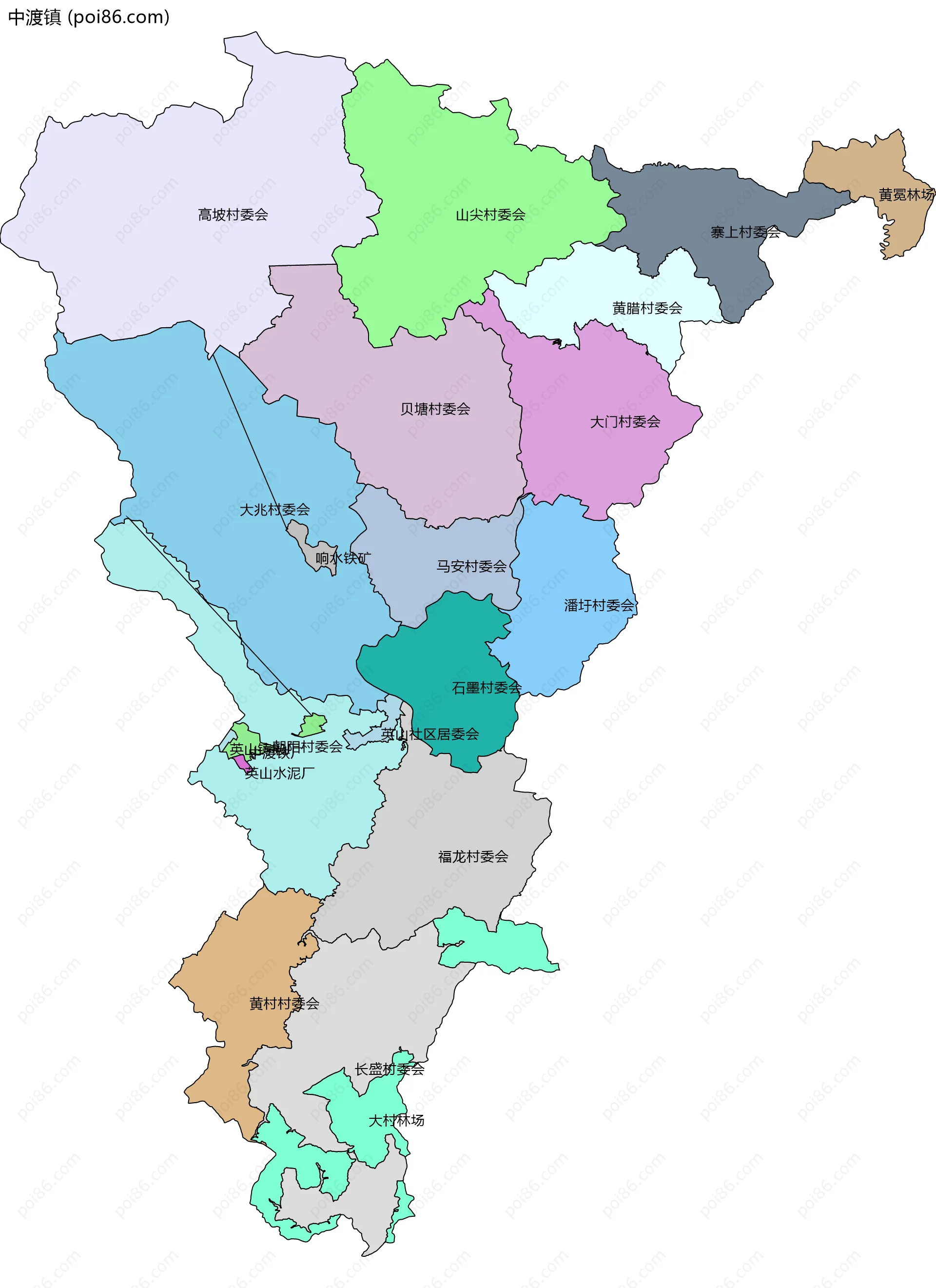 中渡镇边界地图(五级行政区划)