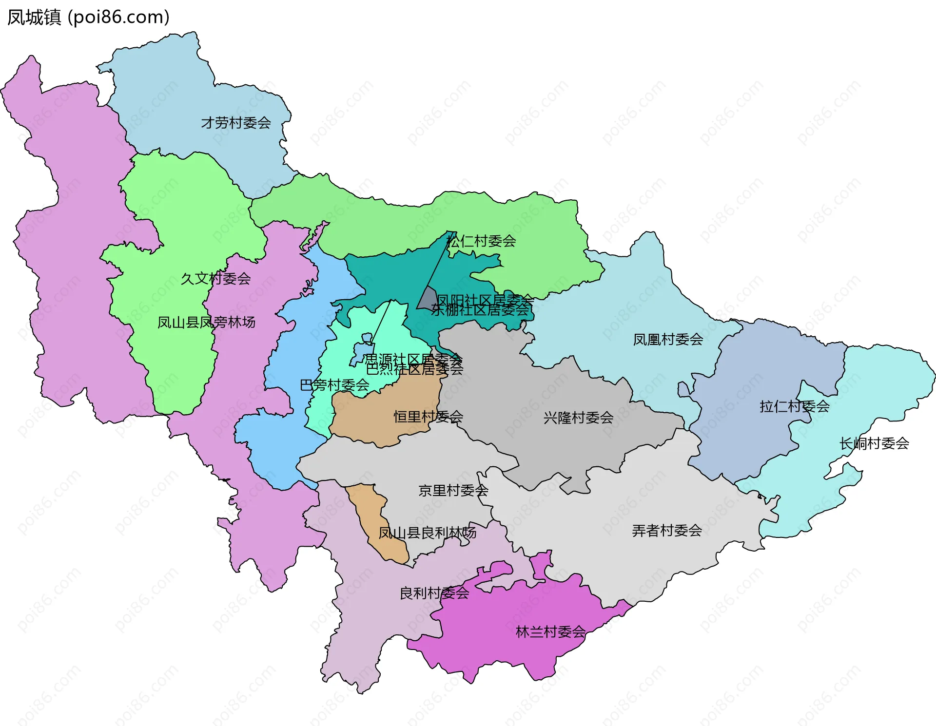 凤城镇边界地图(五级行政区划)