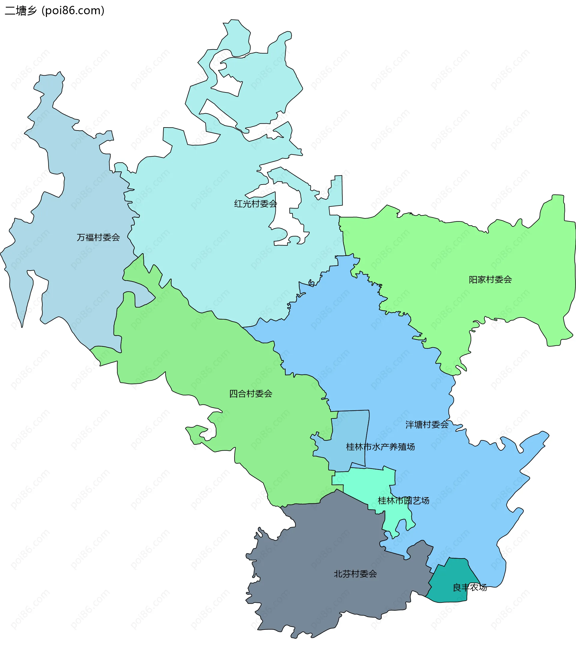 二塘乡边界地图(五级行政区划)