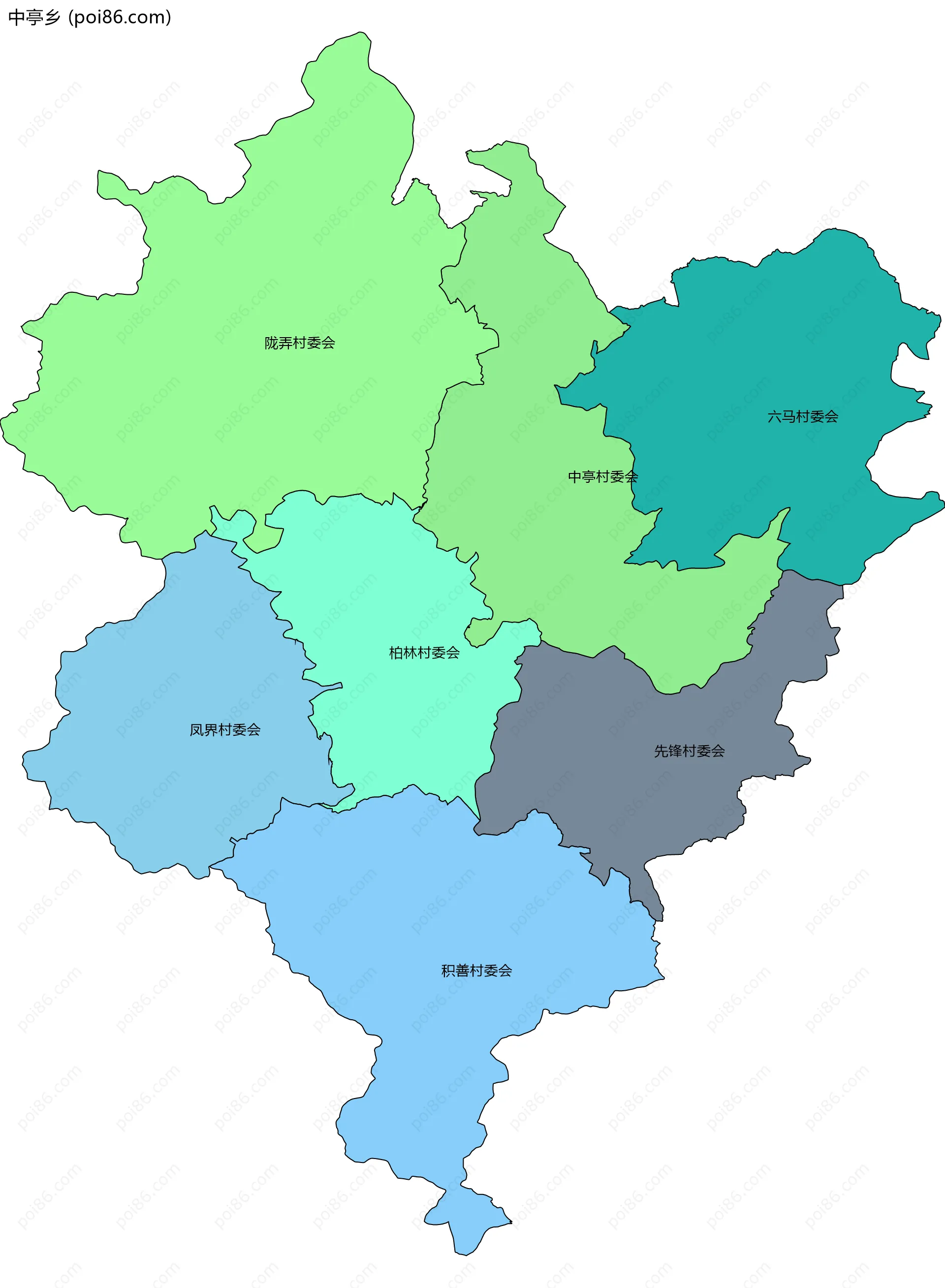 中亭乡边界地图(五级行政区划)