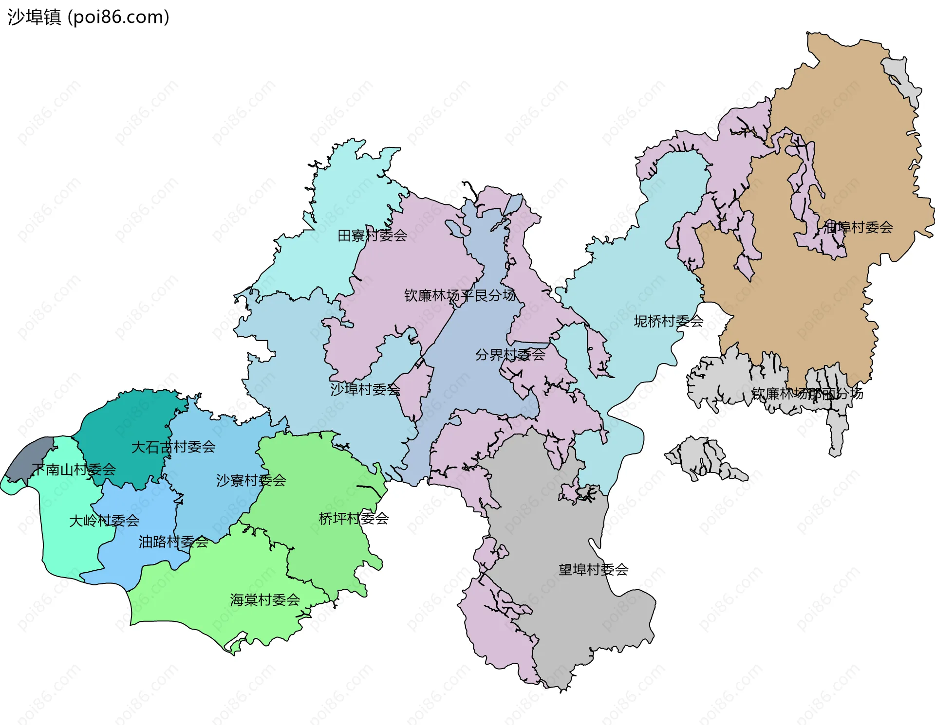 沙埠镇边界地图(五级行政区划)