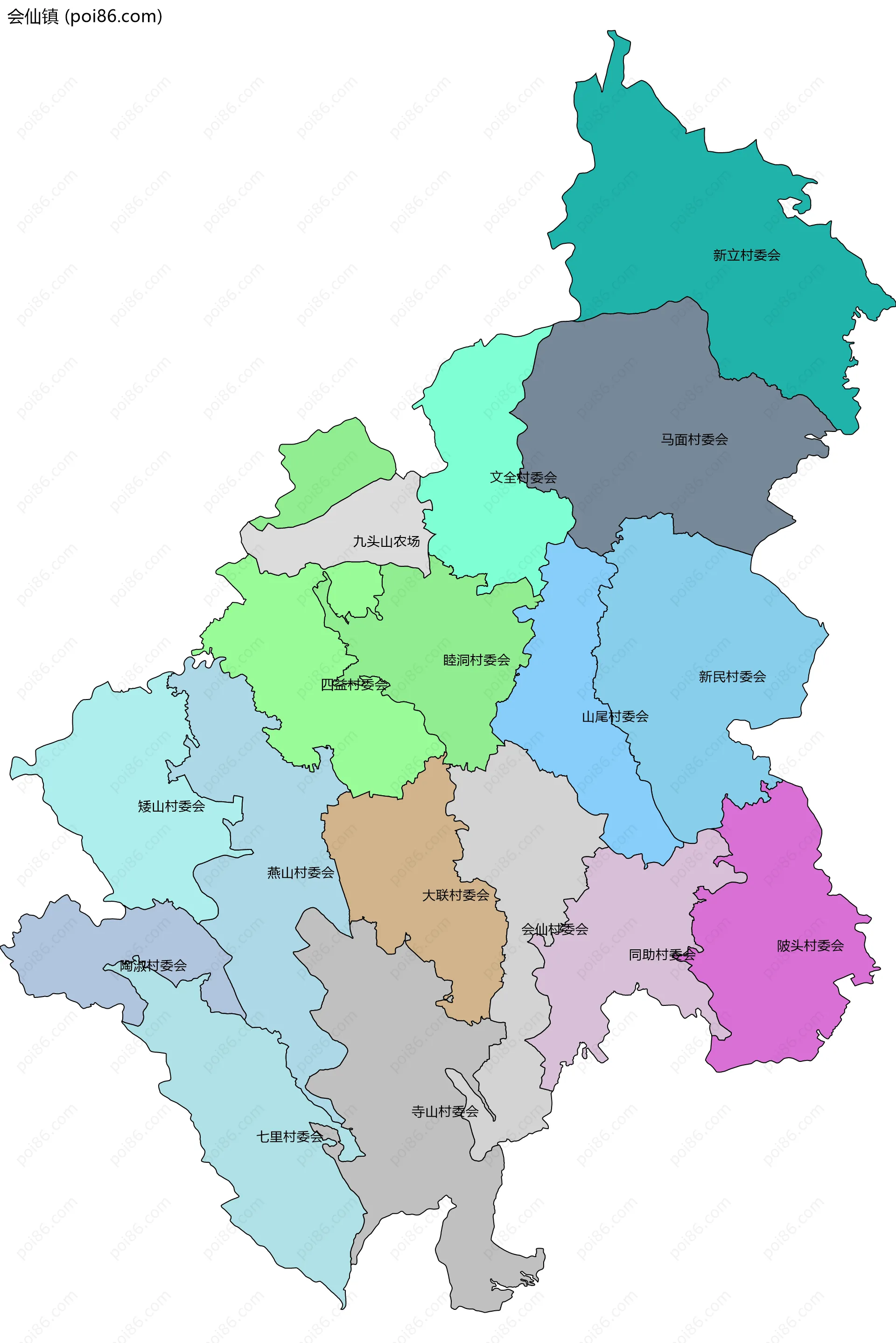 会仙镇边界地图(五级行政区划)