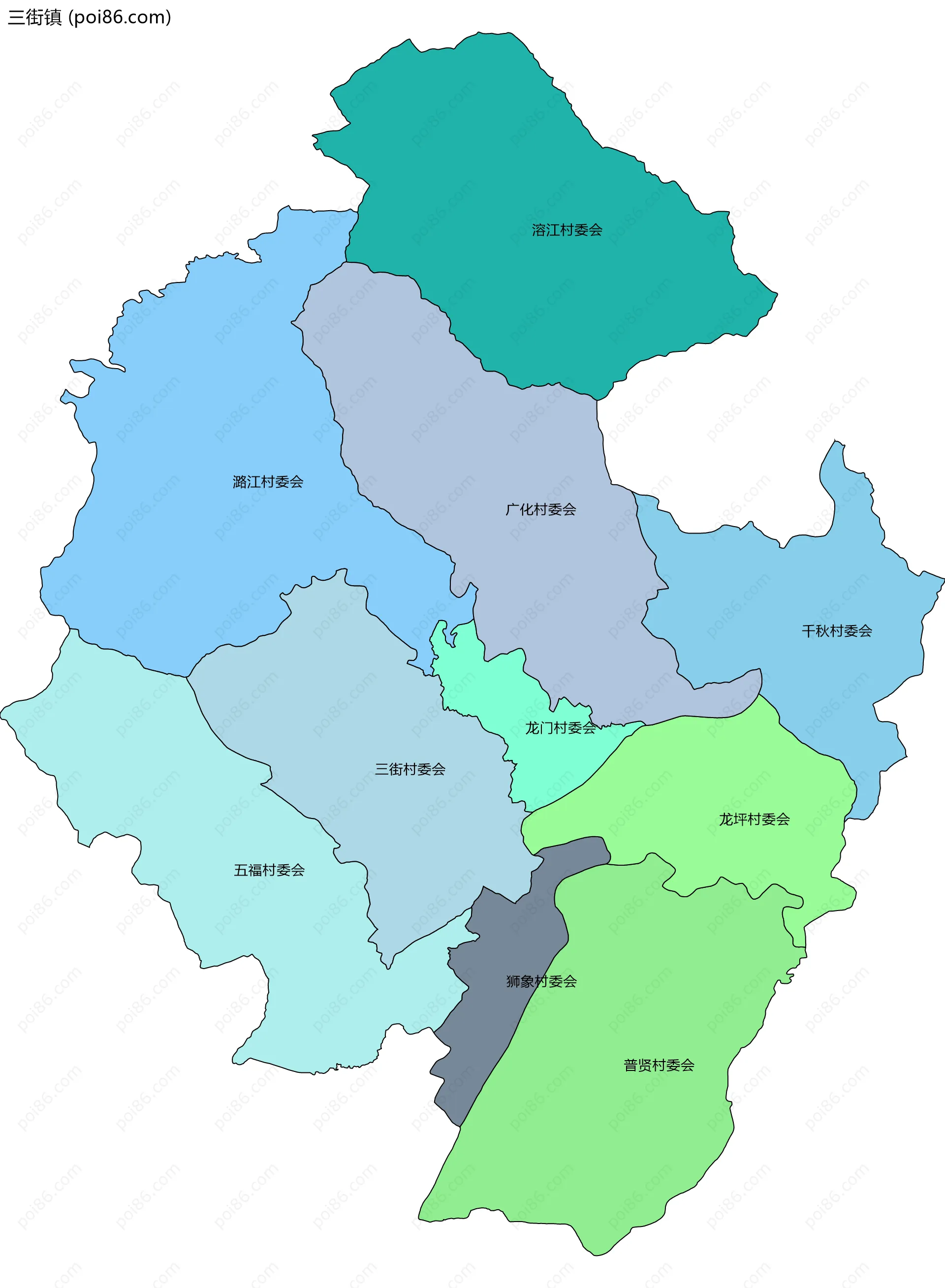 三街镇边界地图(五级行政区划)