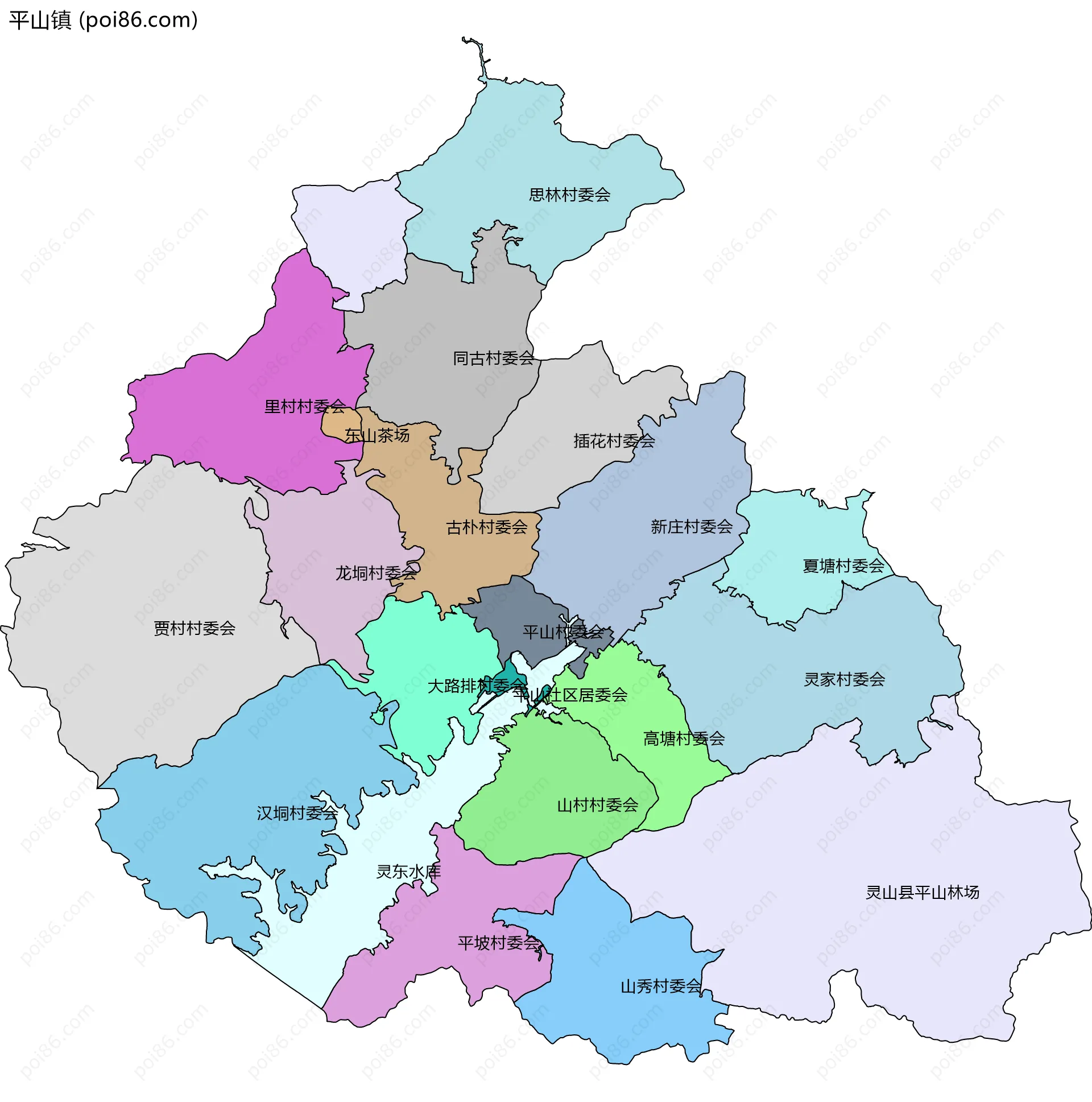 平山镇边界地图(五级行政区划)