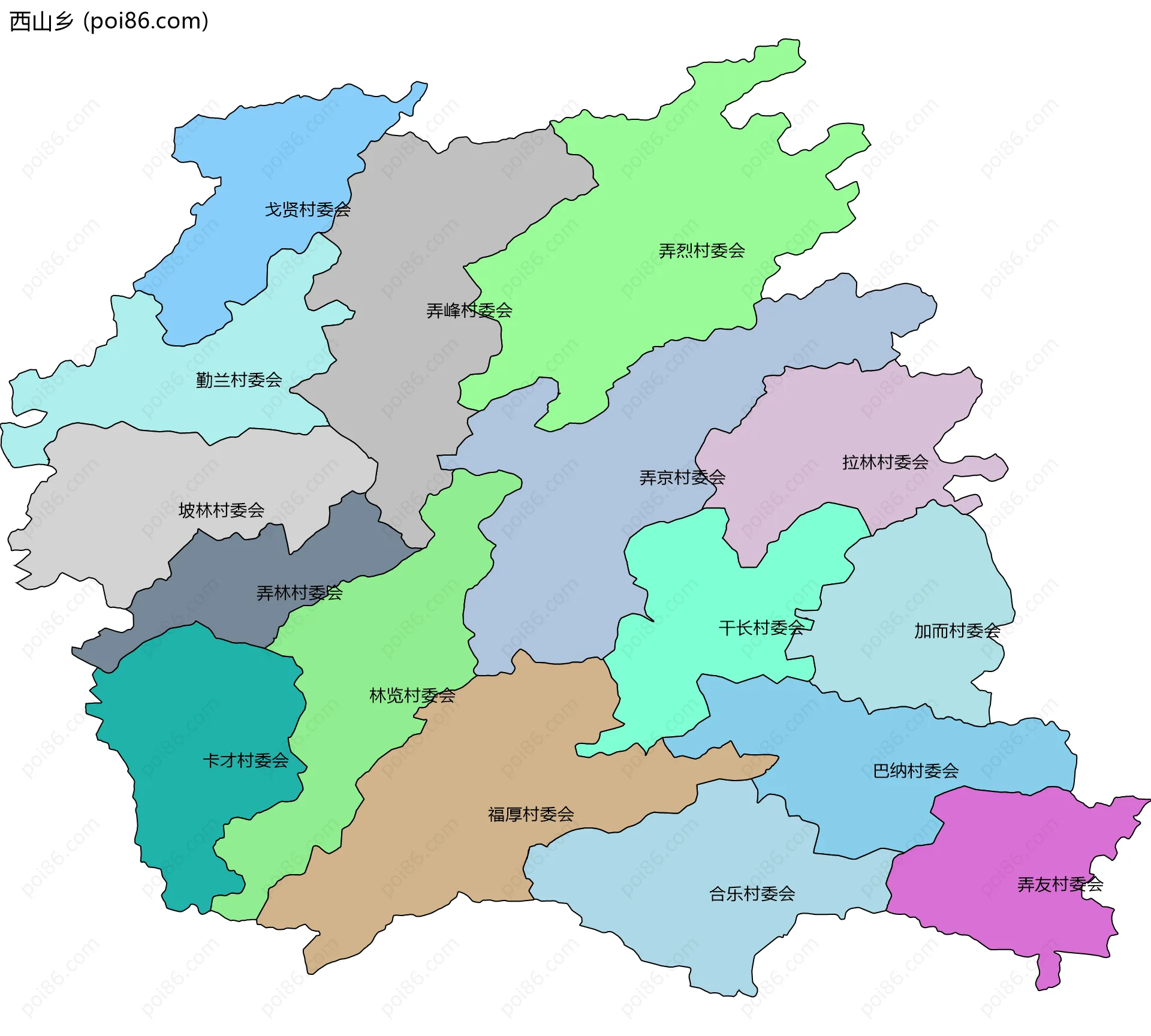 西山乡边界地图(五级行政区划)