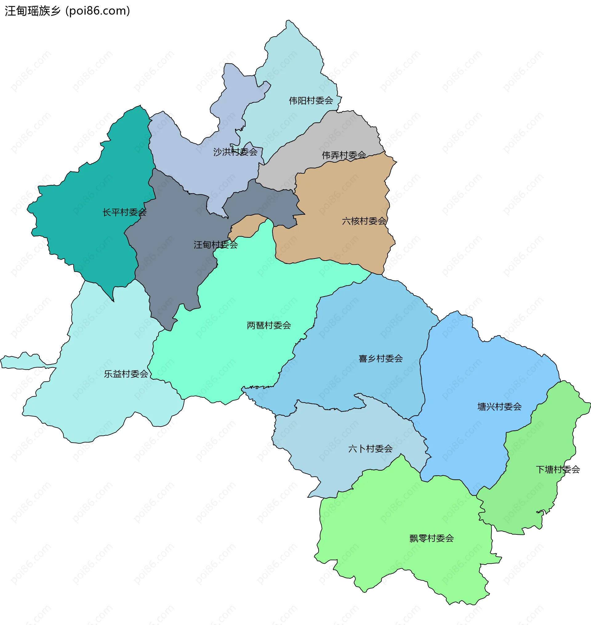 汪甸瑶族乡边界地图(五级行政区划)