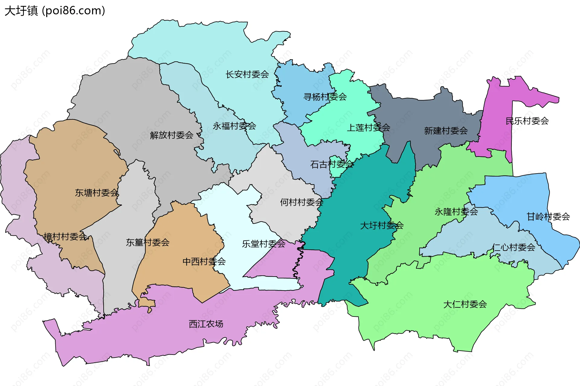大圩镇边界地图(五级行政区划)