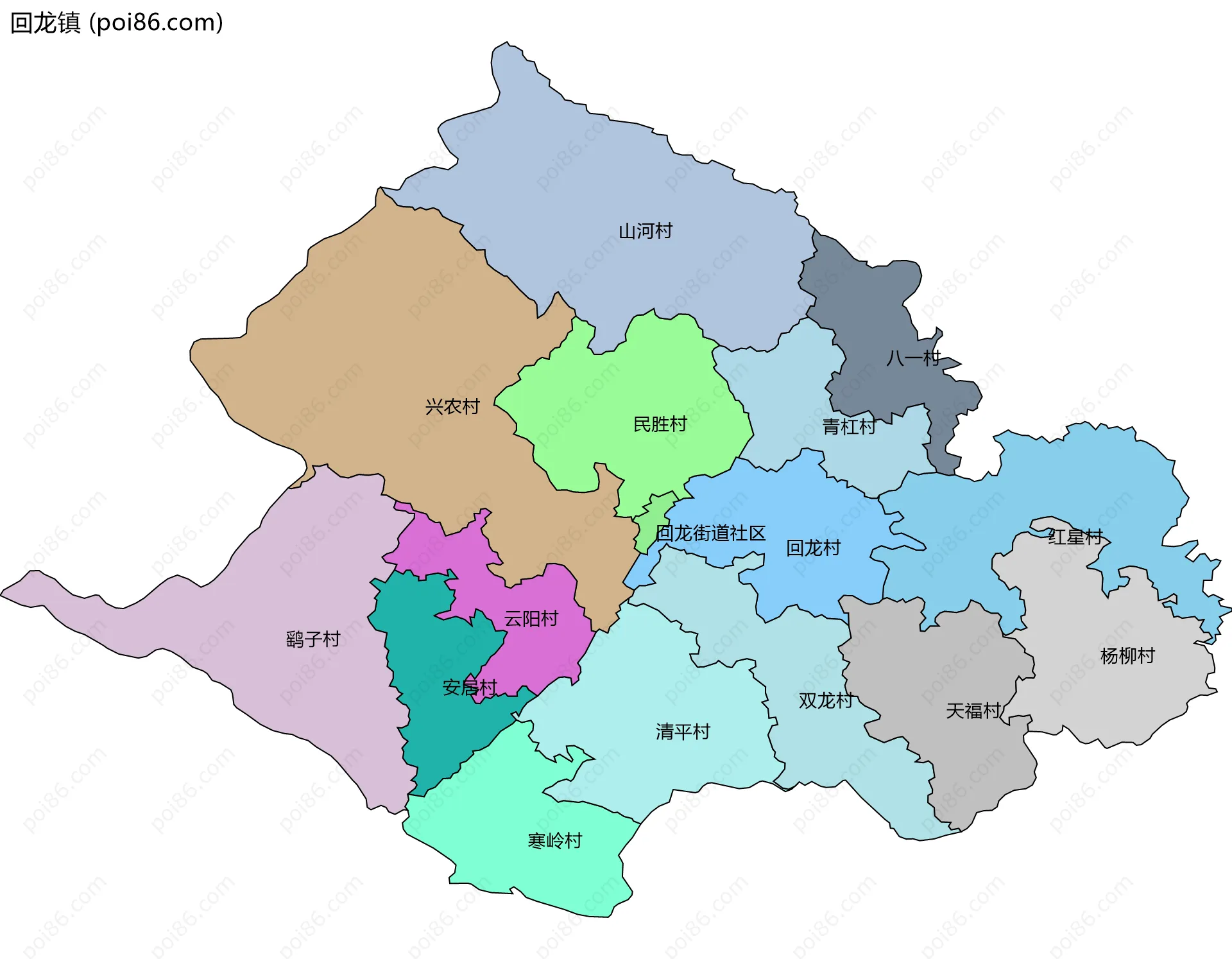 回龙镇边界地图(五级行政区划)