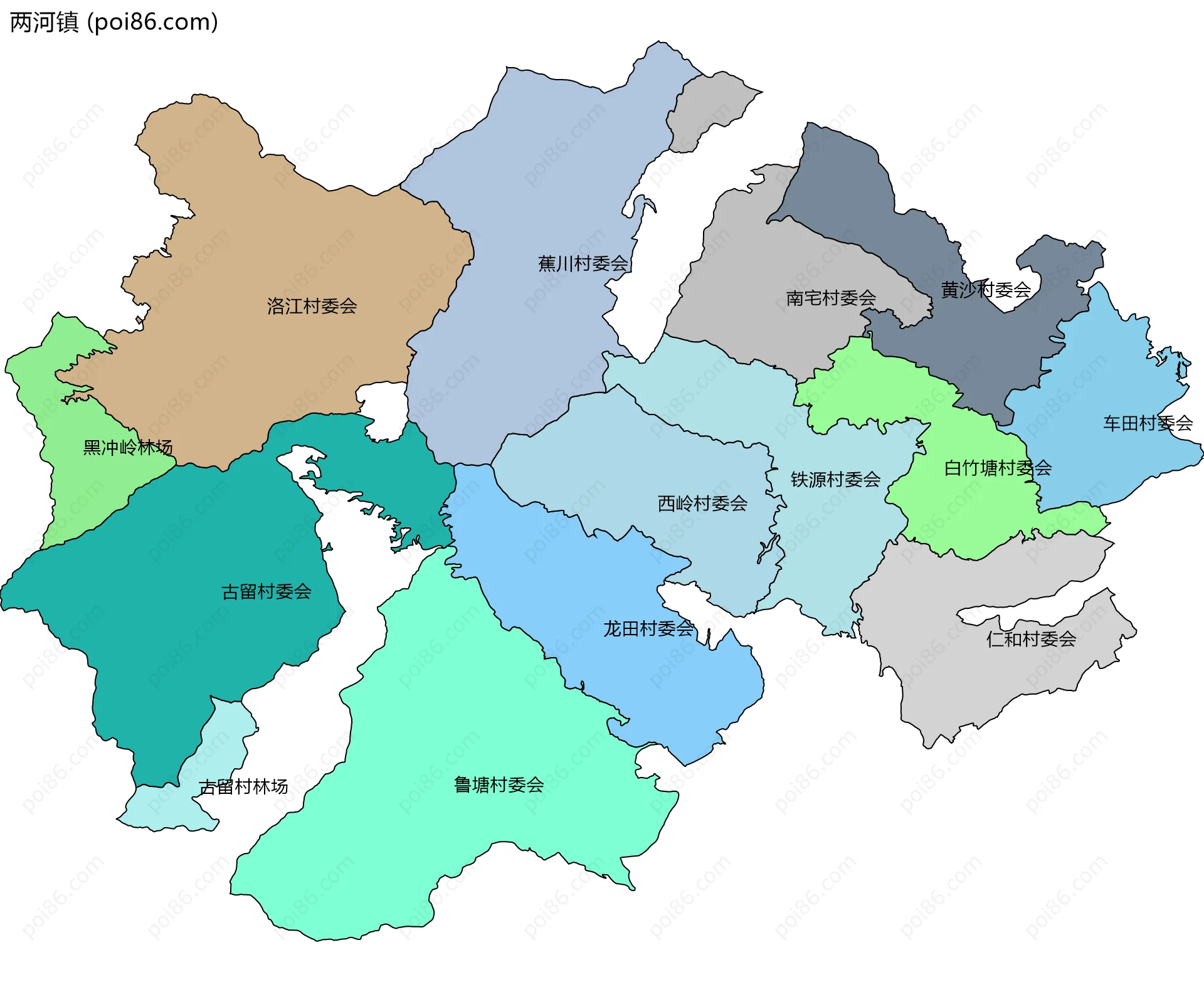 两河镇边界地图(五级行政区划)