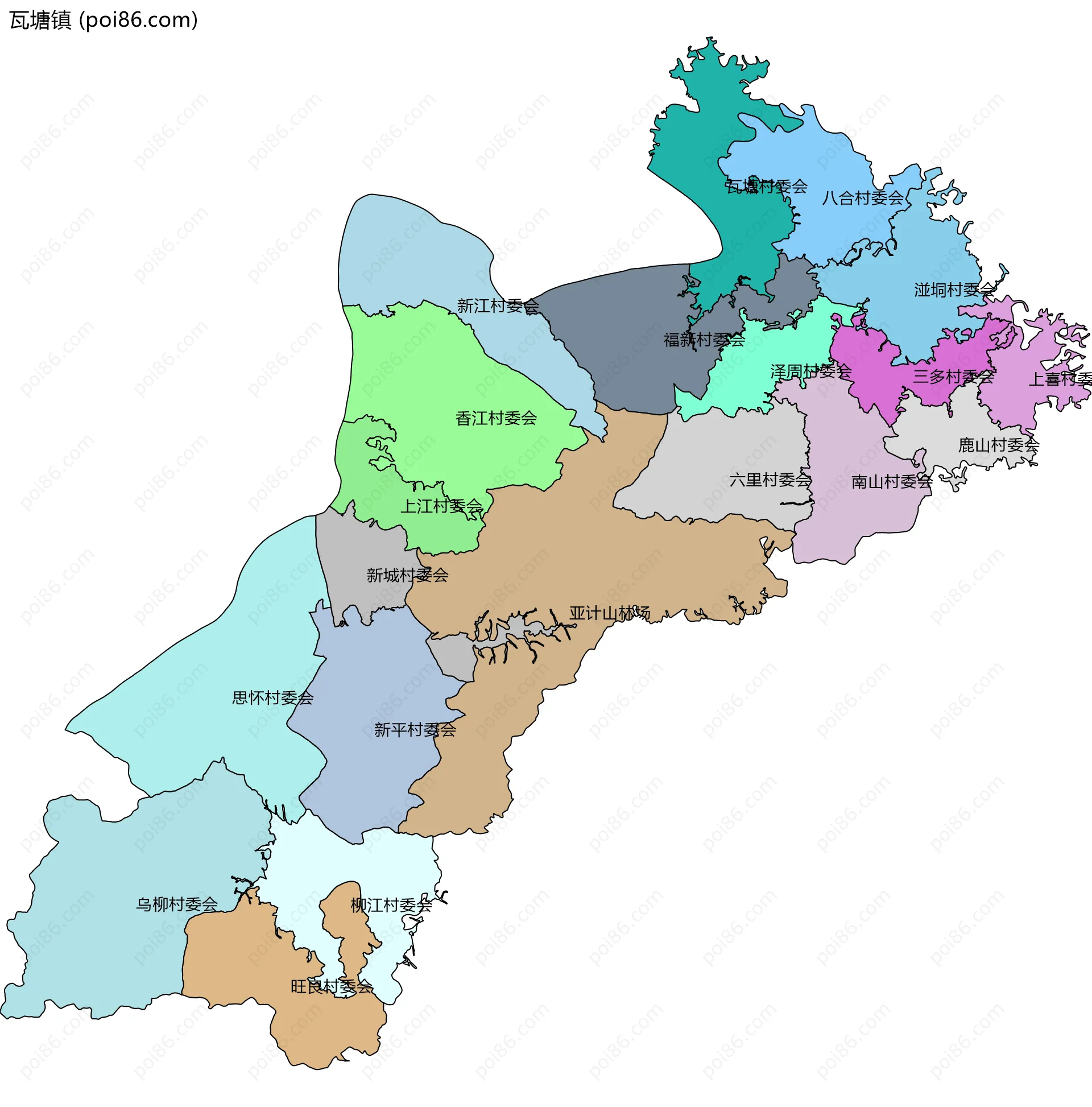 瓦塘镇边界地图(五级行政区划)