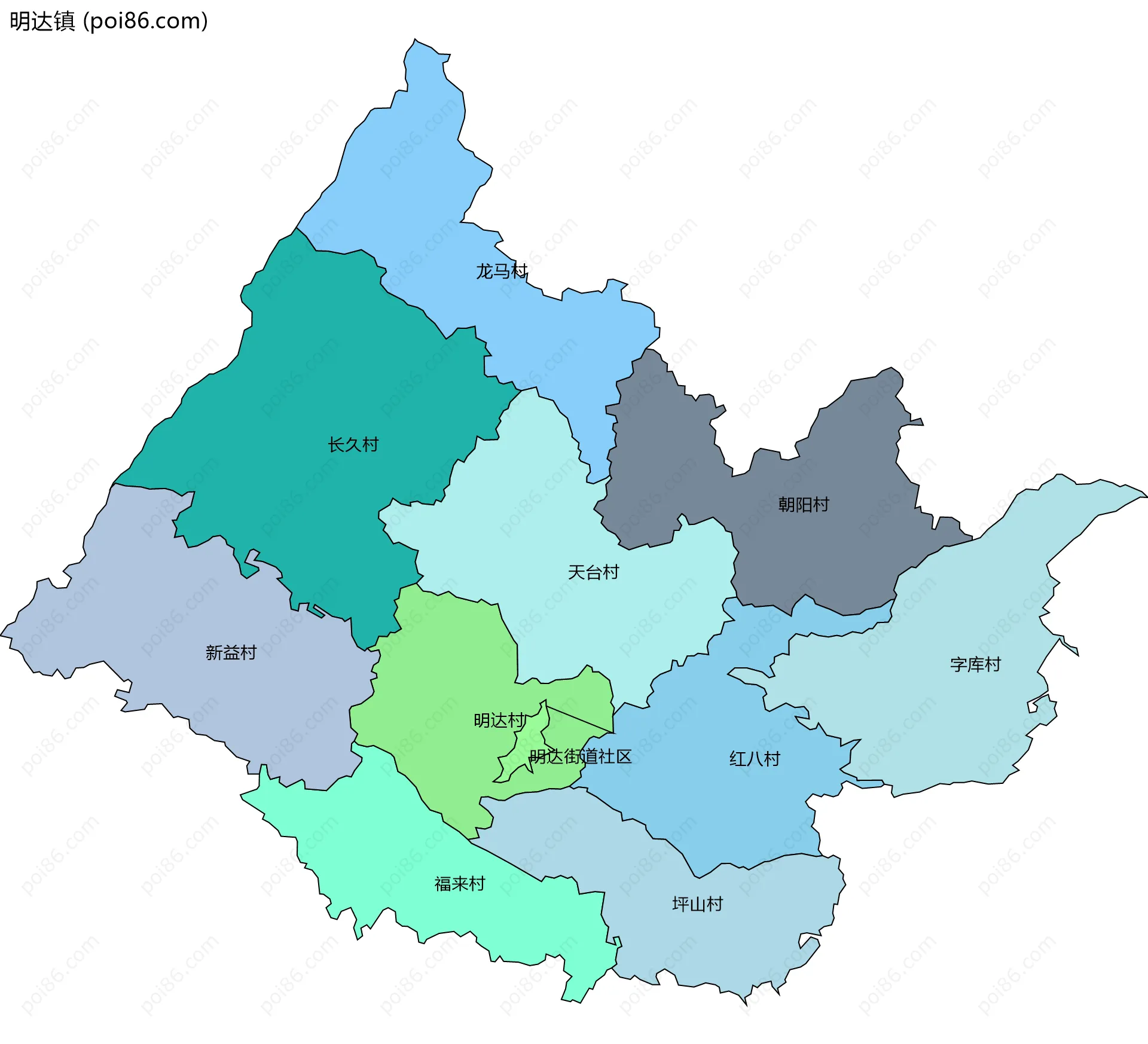 明达镇边界地图(五级行政区划)