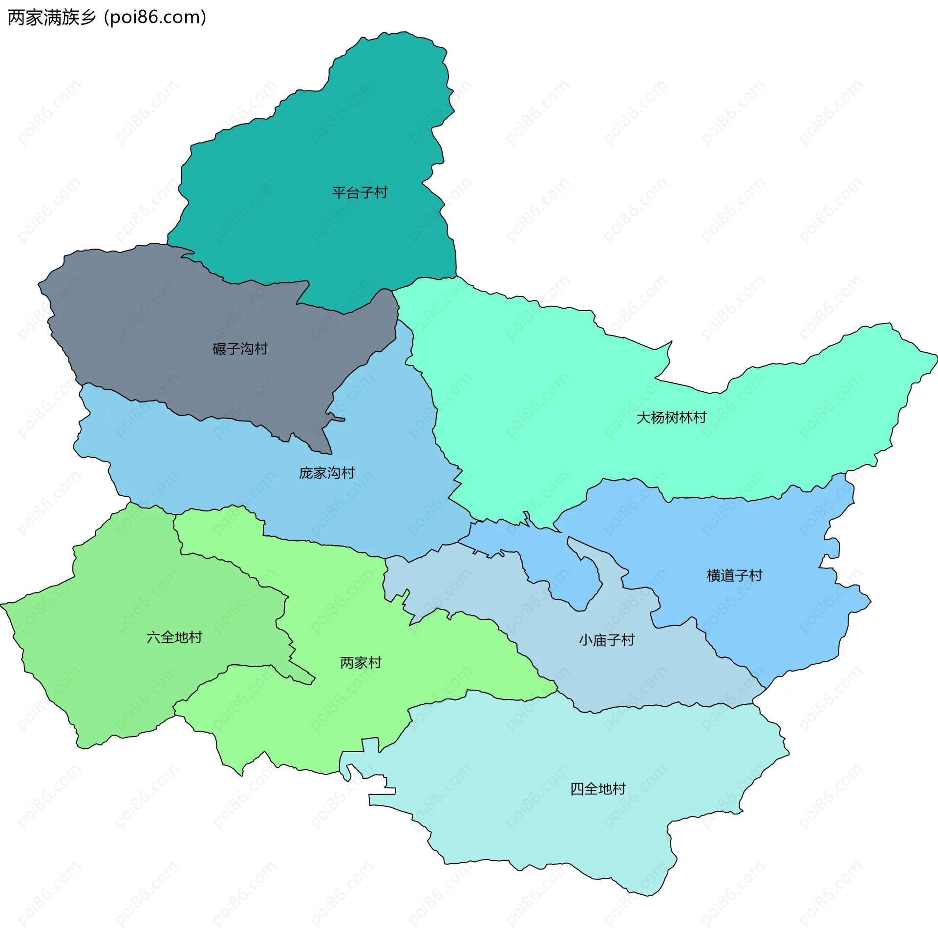 两家满族乡边界地图(五级行政区划)