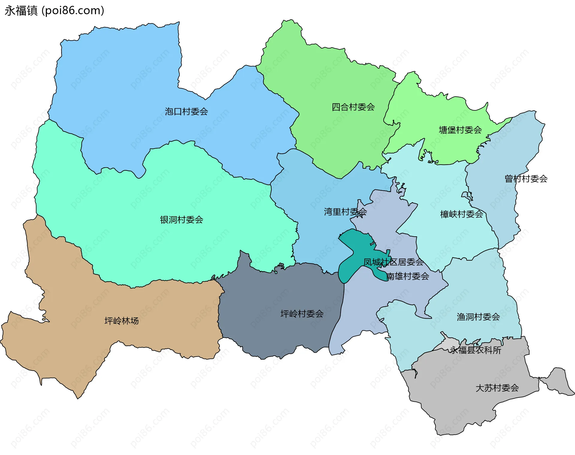 永福镇边界地图(五级行政区划)