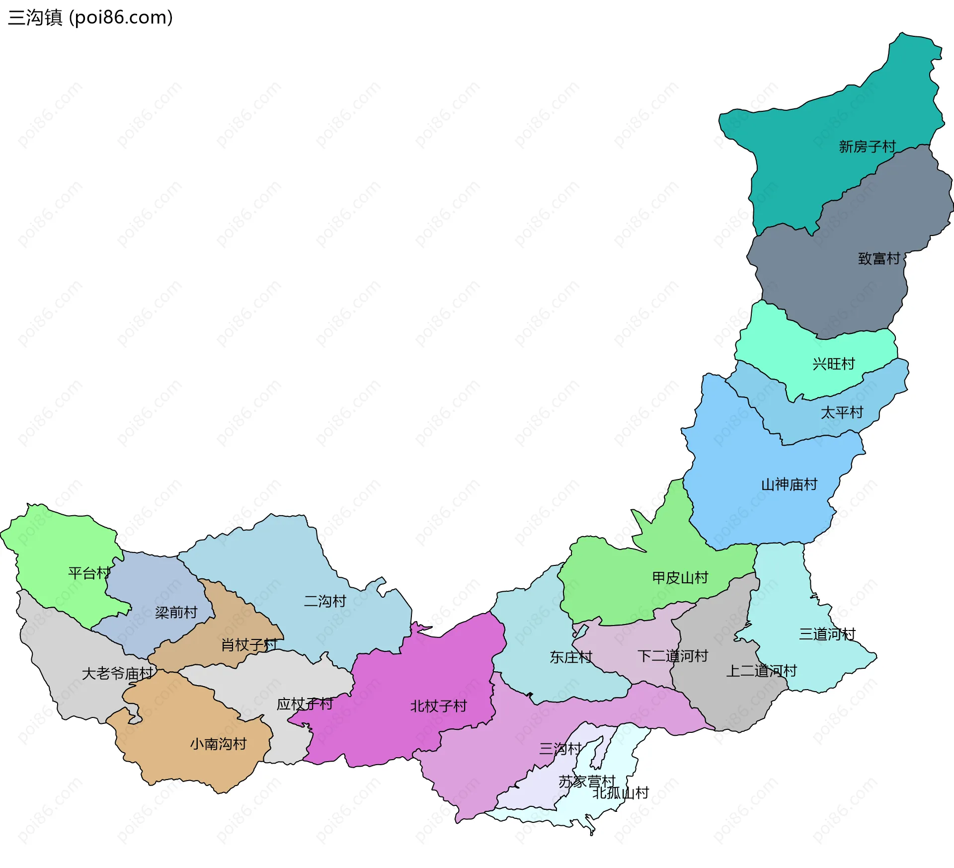 三沟镇边界地图(五级行政区划)