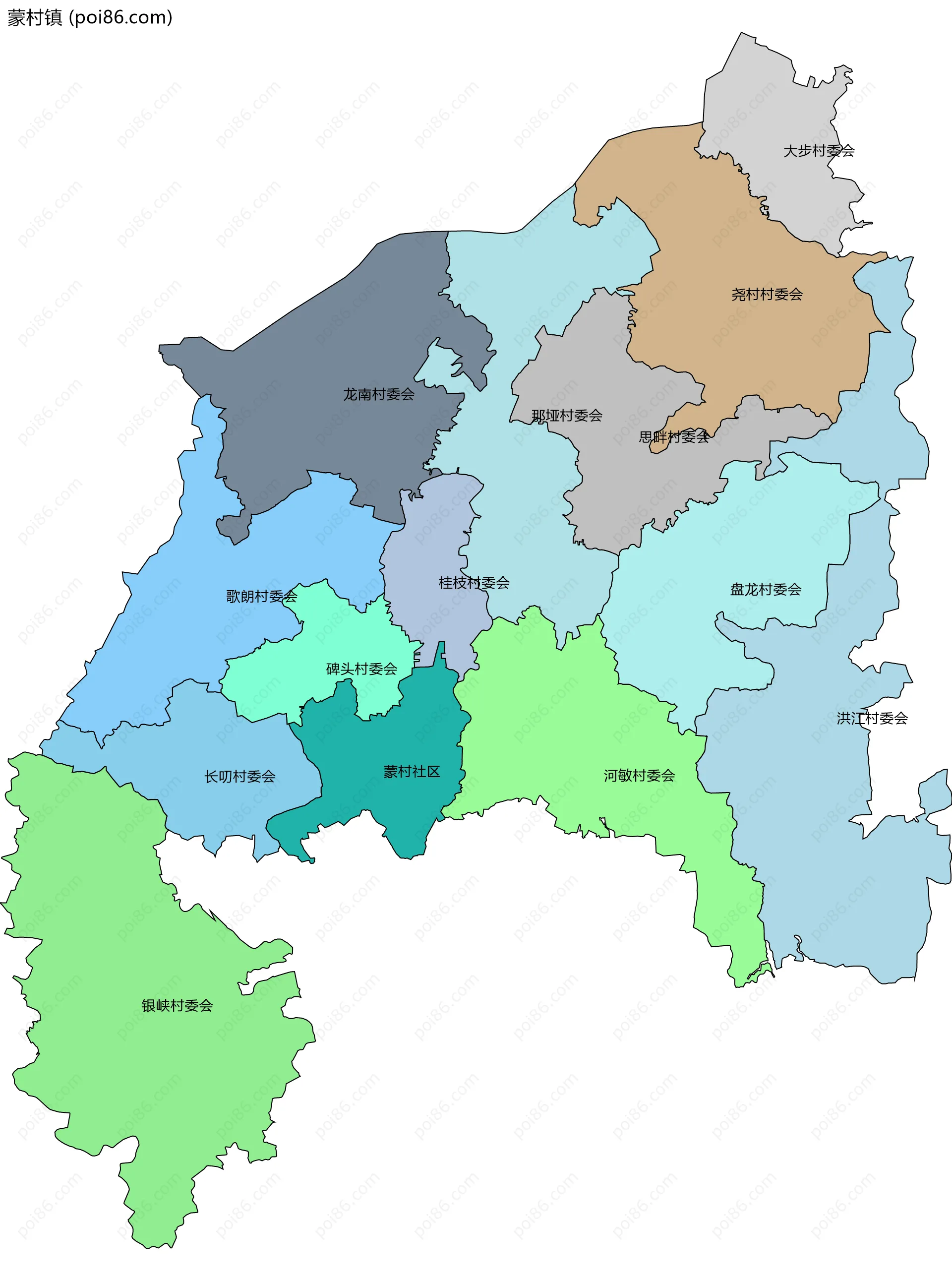 蒙村镇边界地图(五级行政区划)