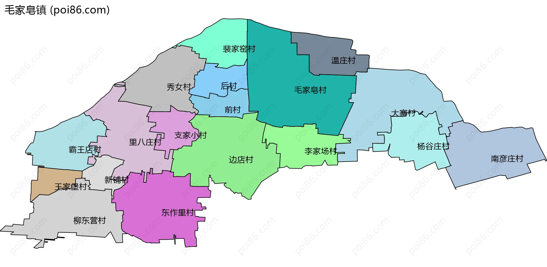 毛家皂镇边界地图(五级行政区划)