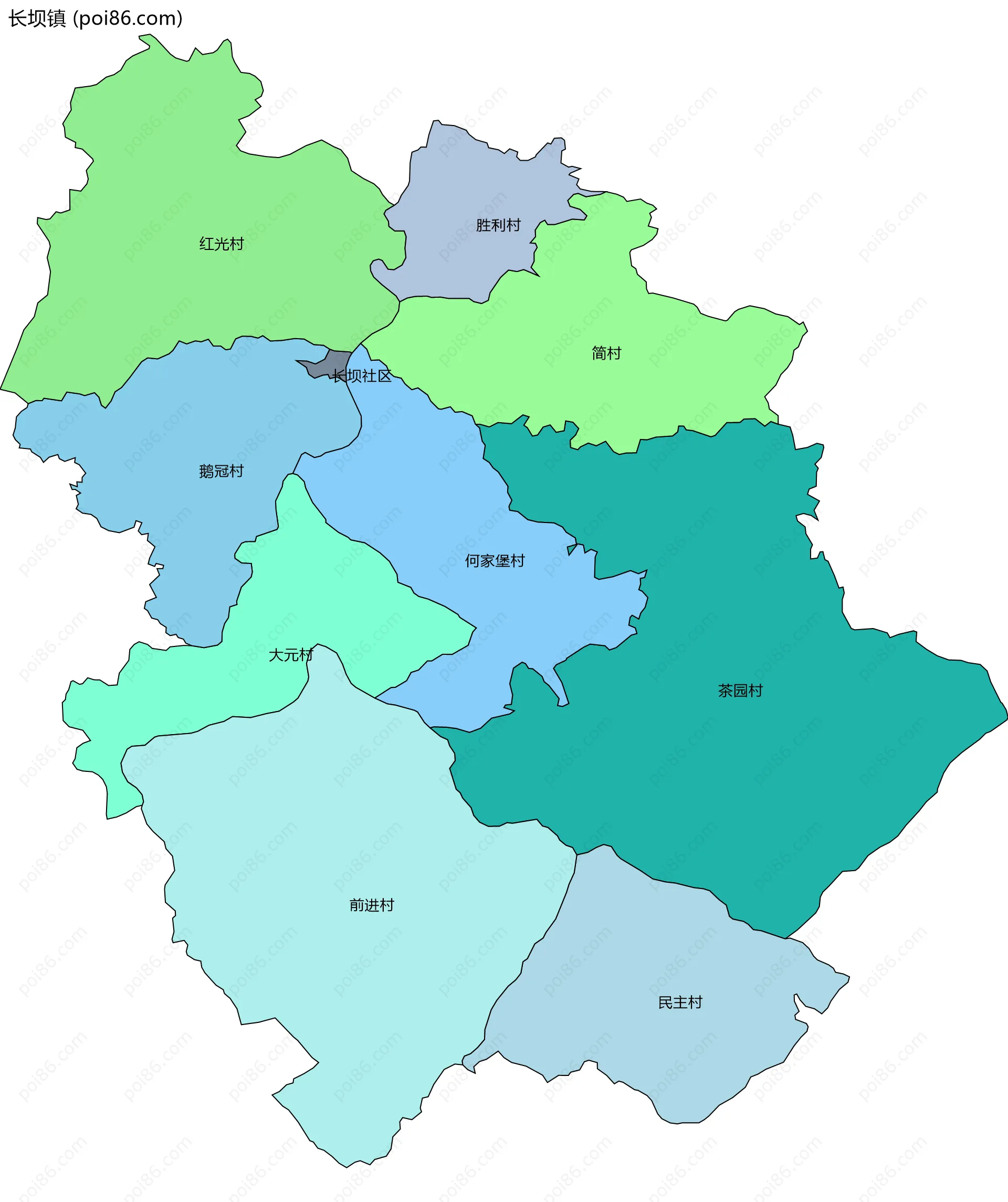 长坝镇边界地图(五级行政区划)