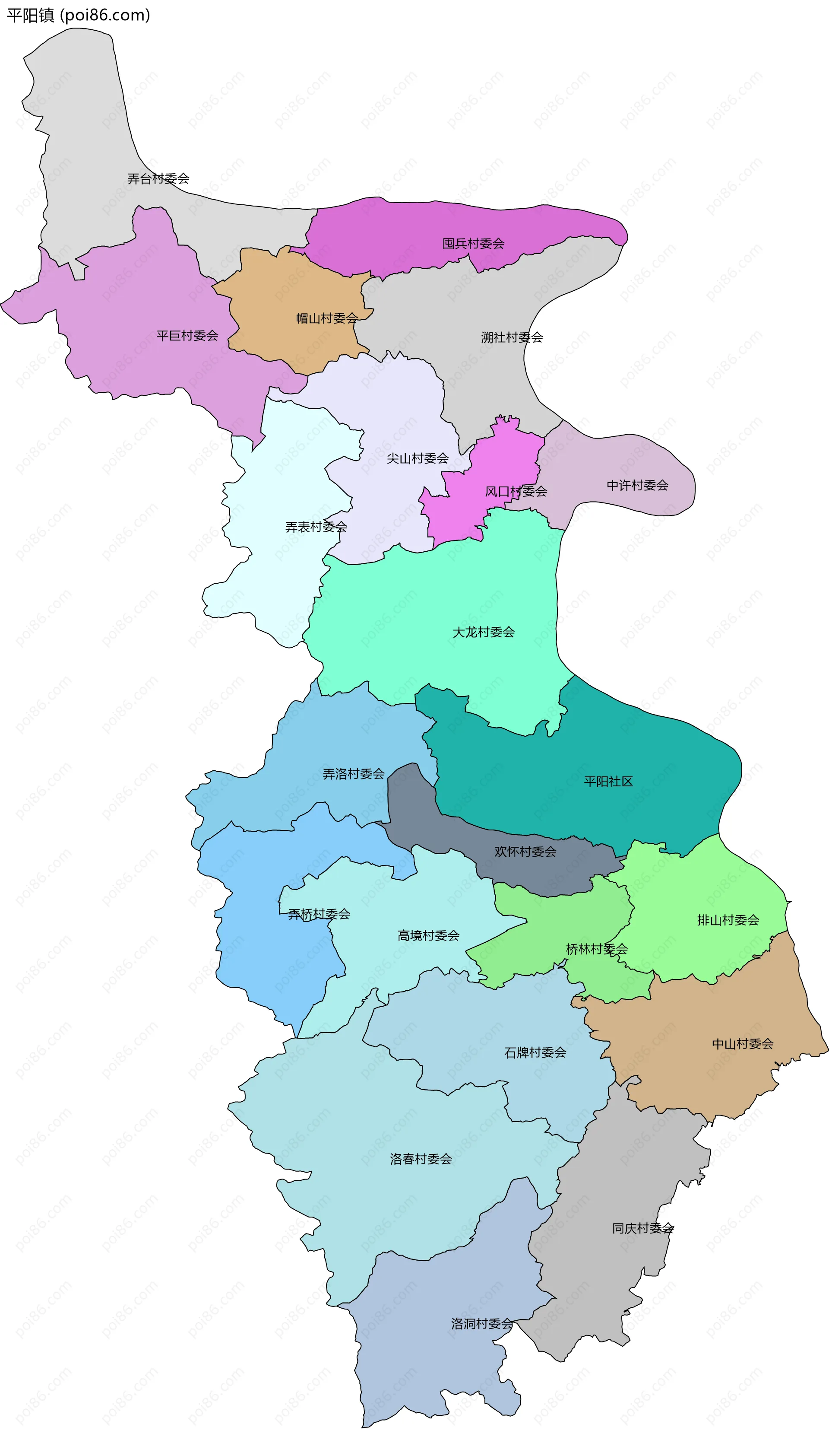 平阳镇边界地图(五级行政区划)