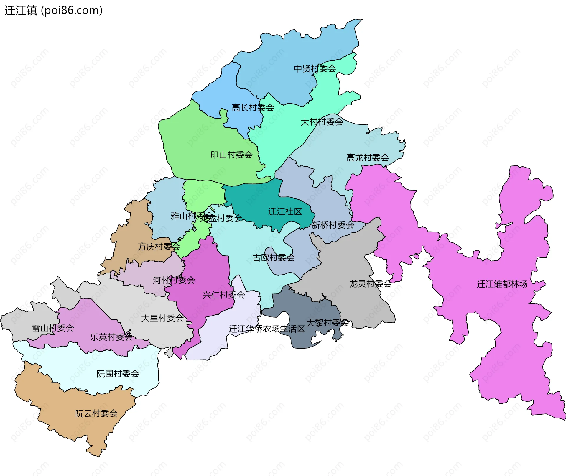 迁江镇边界地图(五级行政区划)