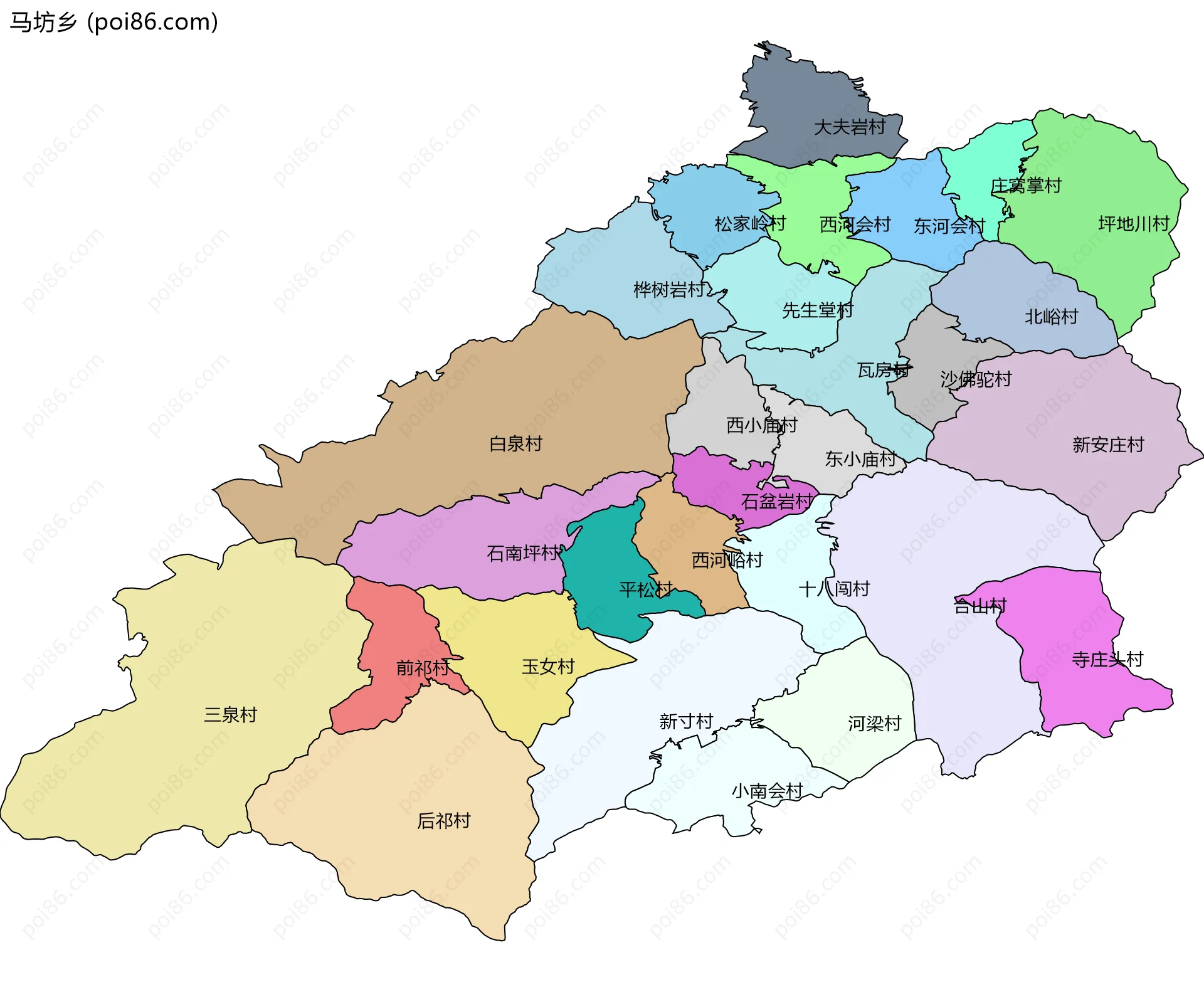 马坊乡边界地图(五级行政区划)
