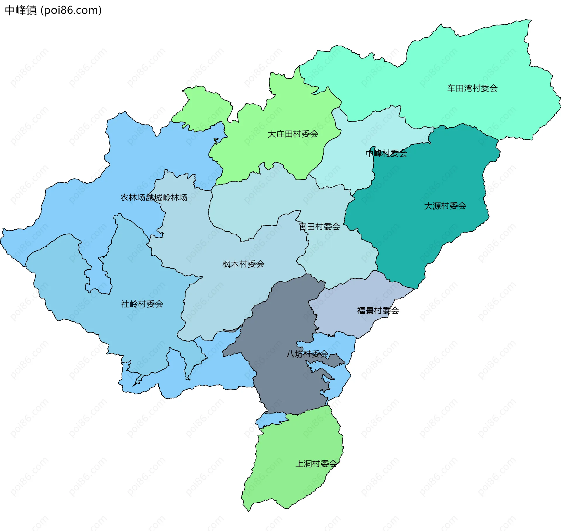 中峰镇边界地图(五级行政区划)