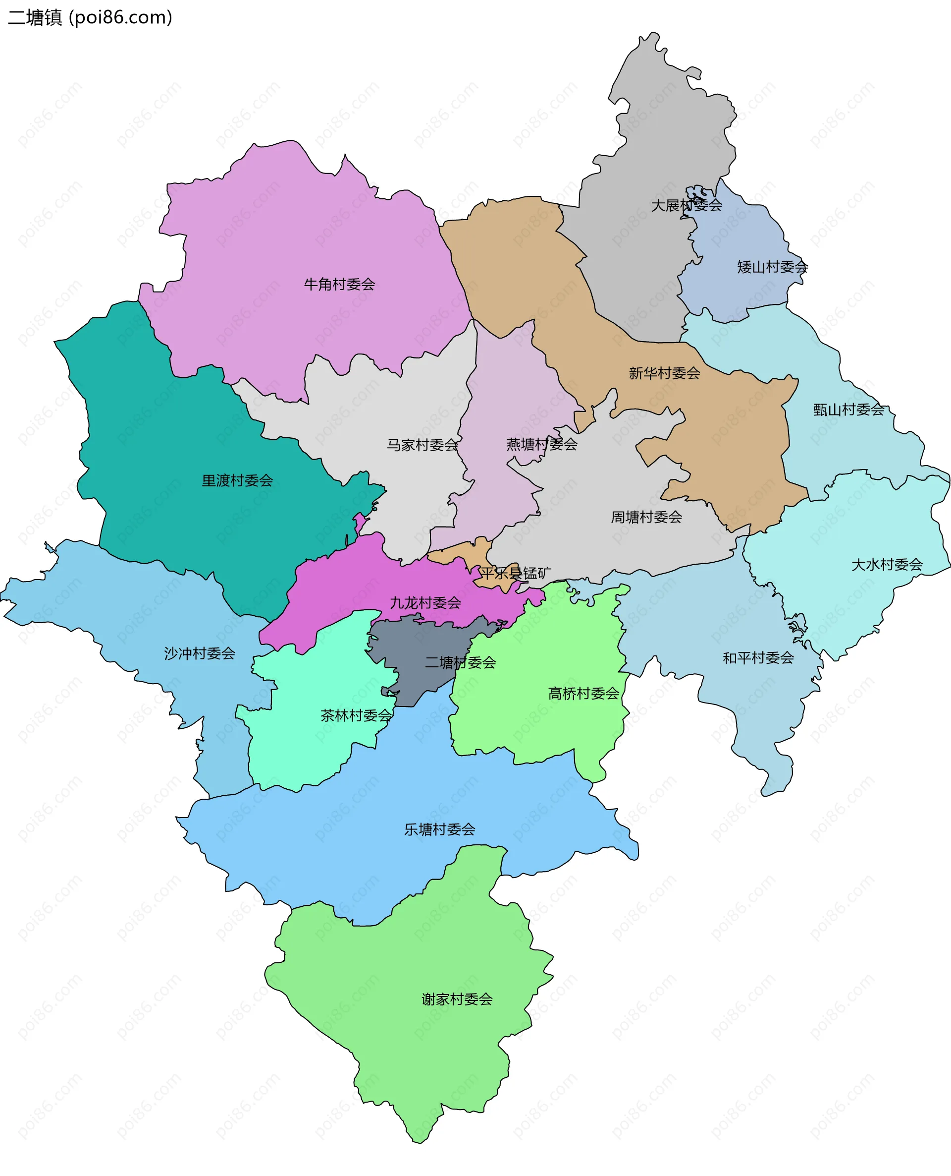 二塘镇边界地图(五级行政区划)