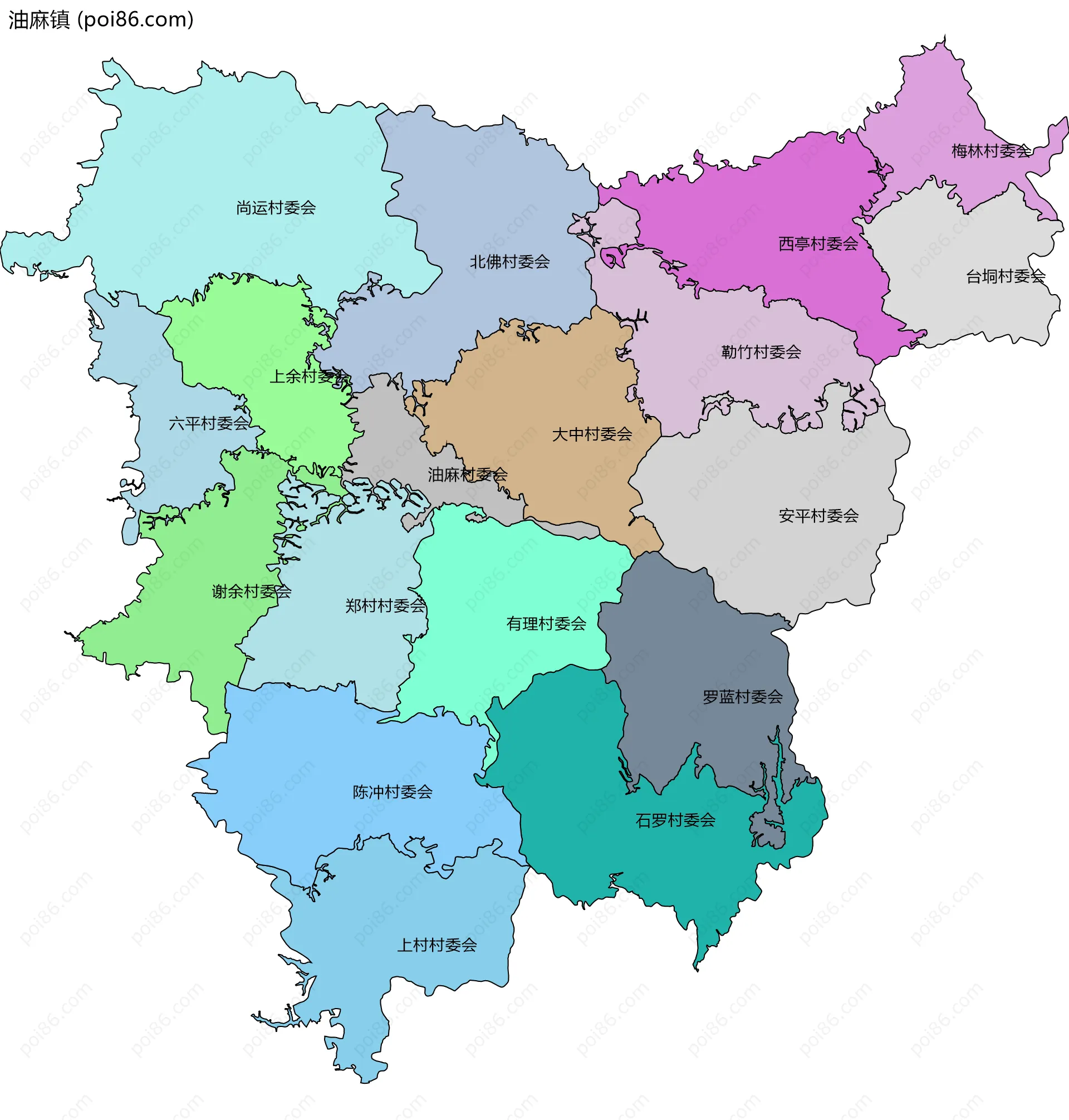 油麻镇边界地图(五级行政区划)