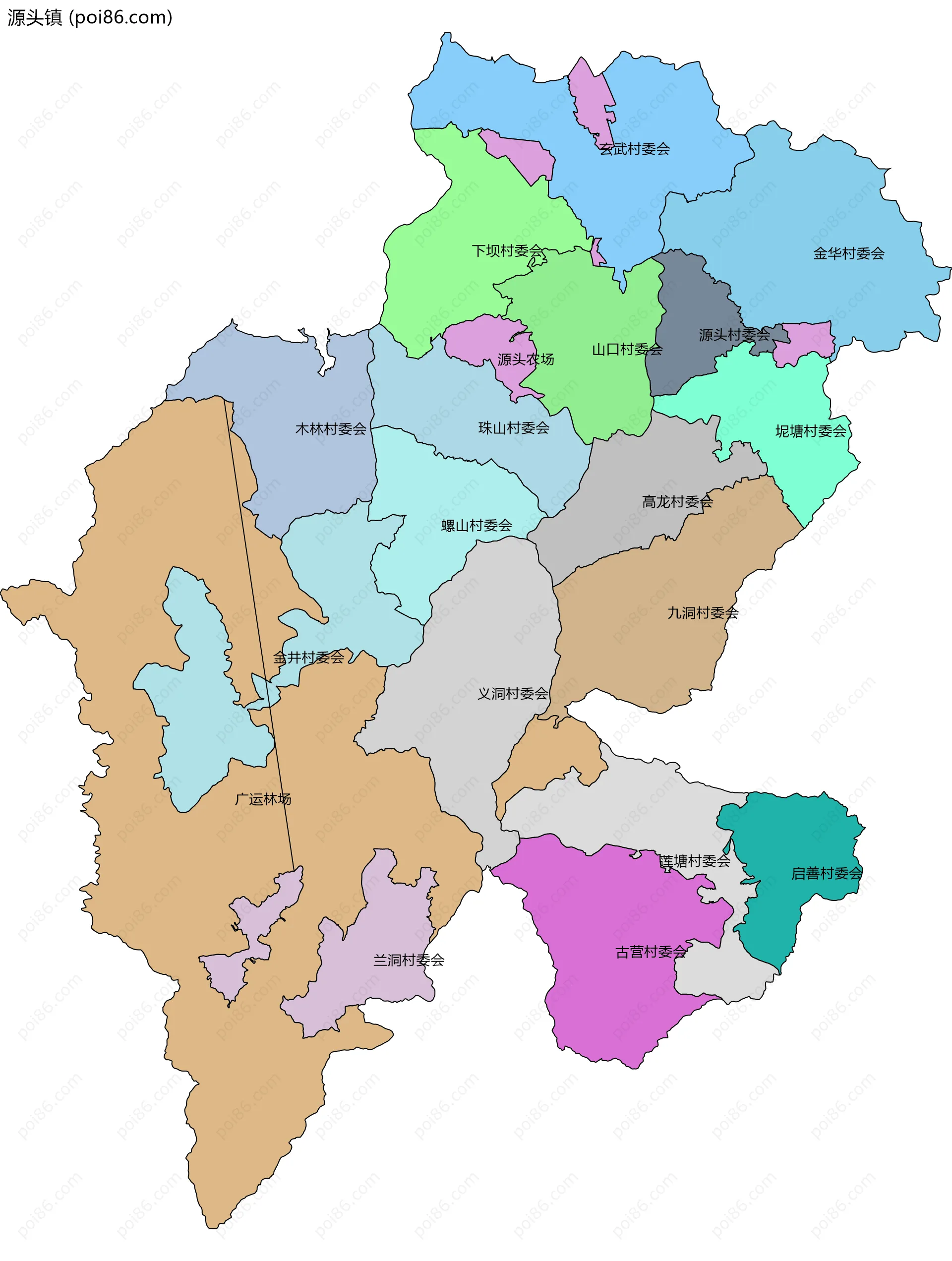 源头镇边界地图(五级行政区划)