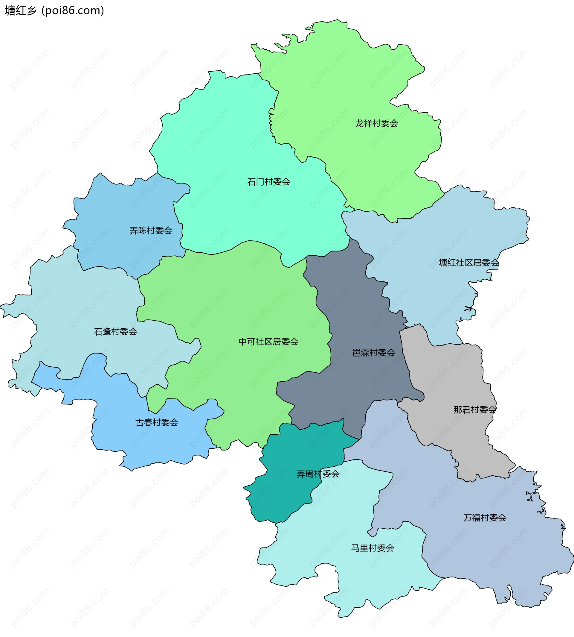 塘红乡边界地图(五级行政区划)