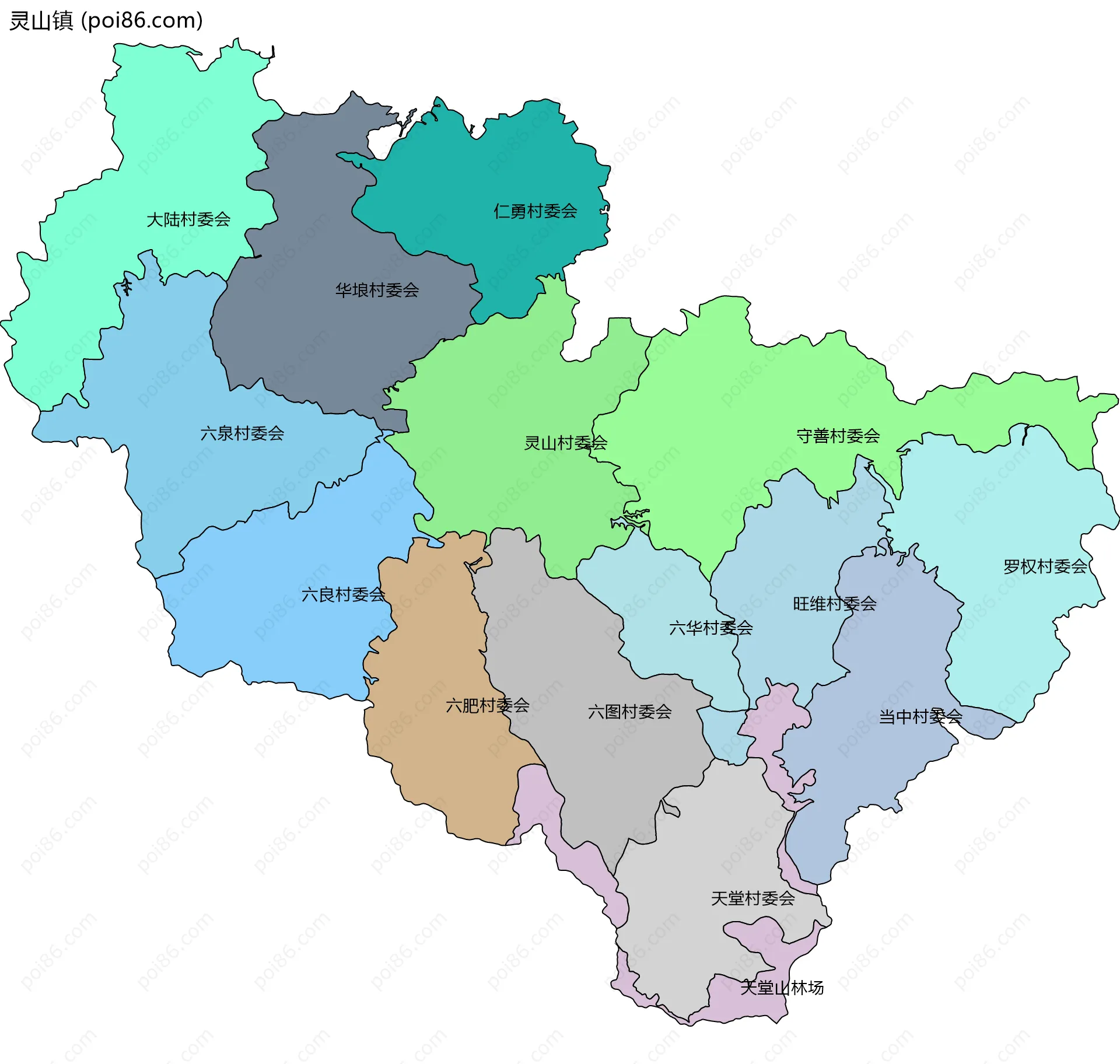 灵山镇边界地图(五级行政区划)