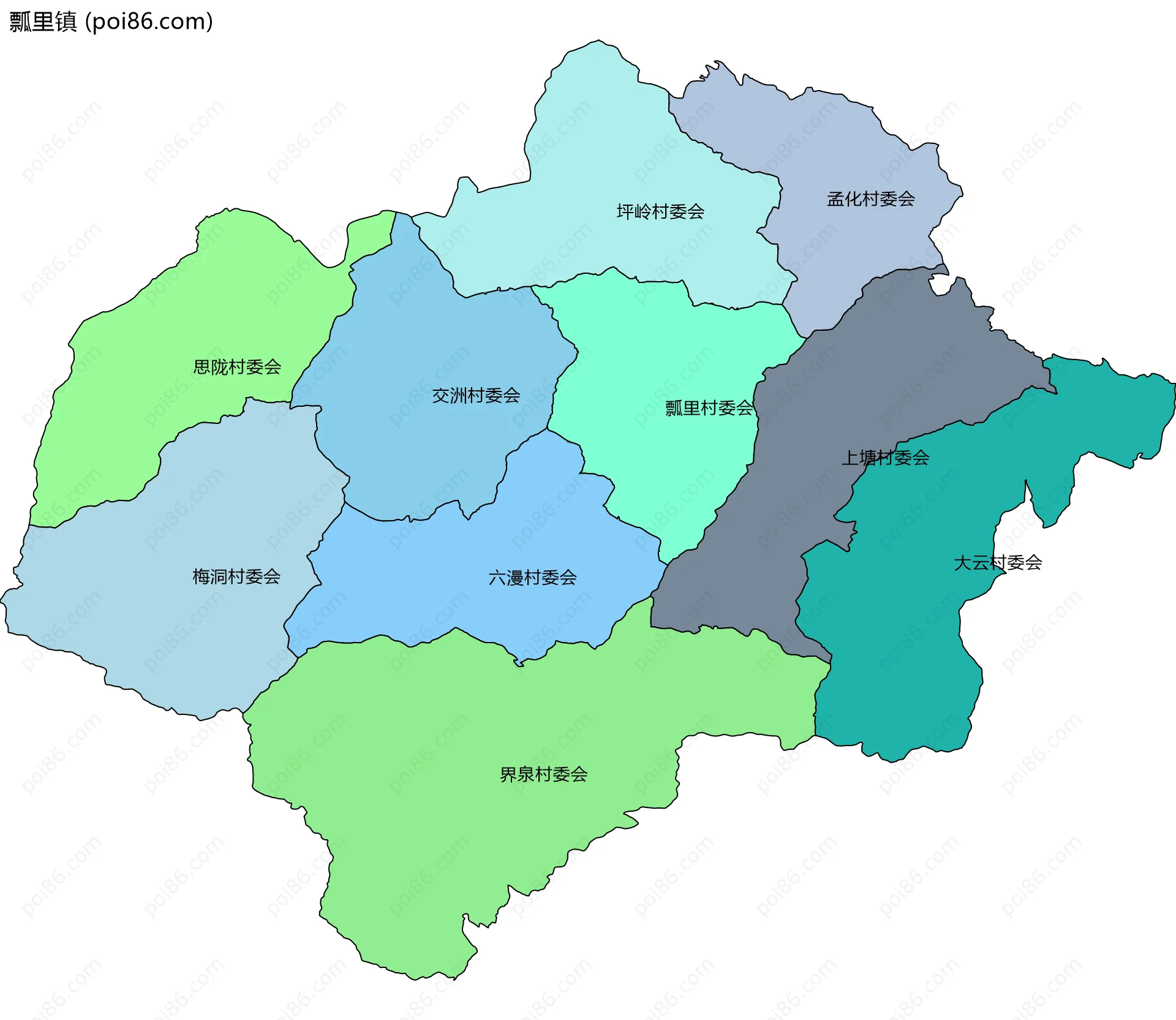 瓢里镇边界地图(五级行政区划)