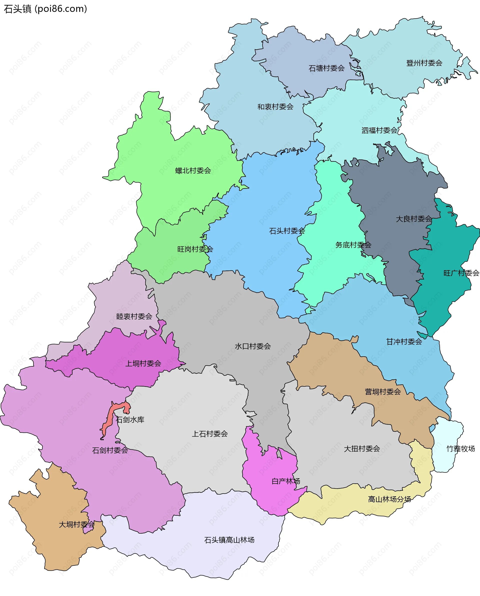 石头镇边界地图(五级行政区划)