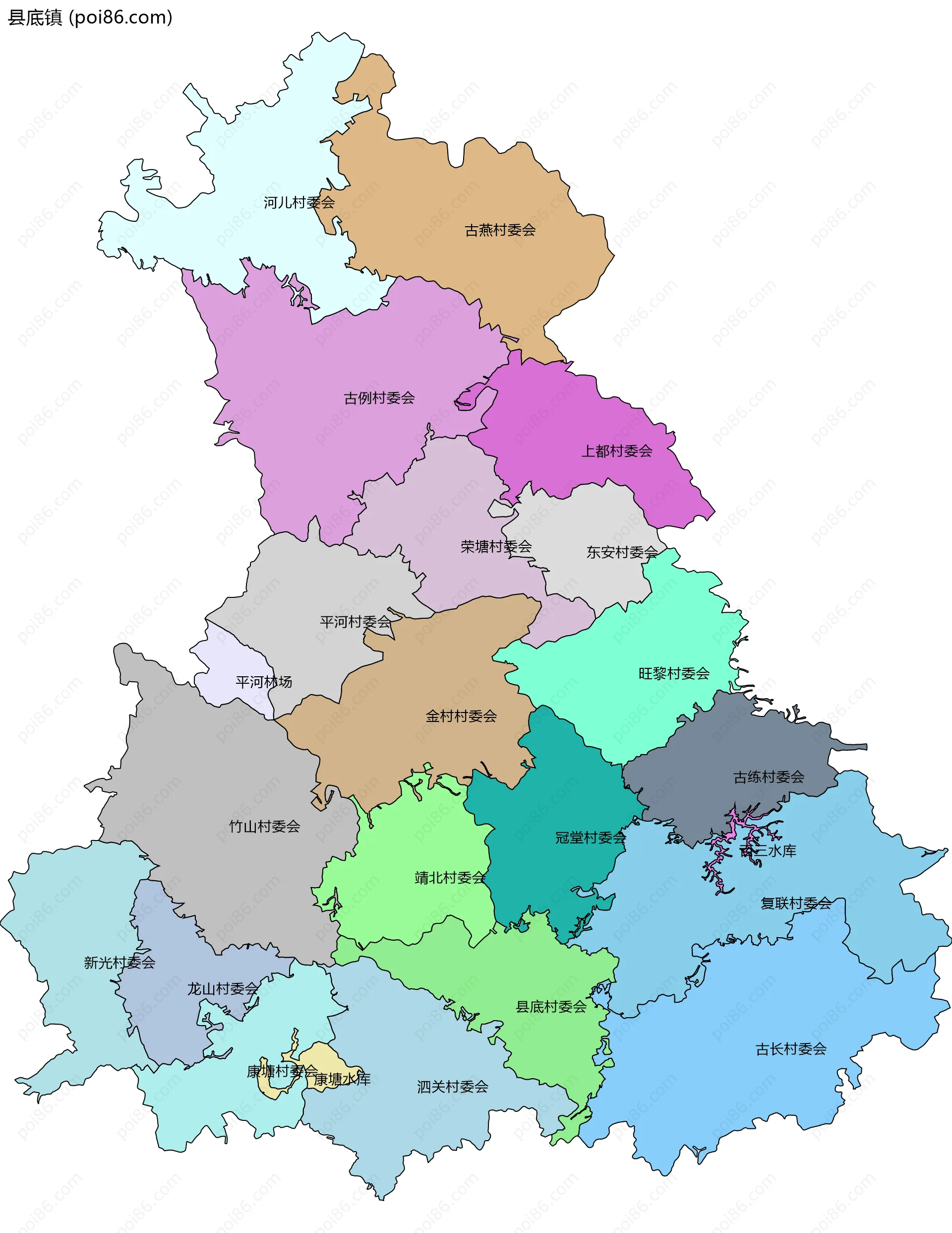 县底镇边界地图(五级行政区划)