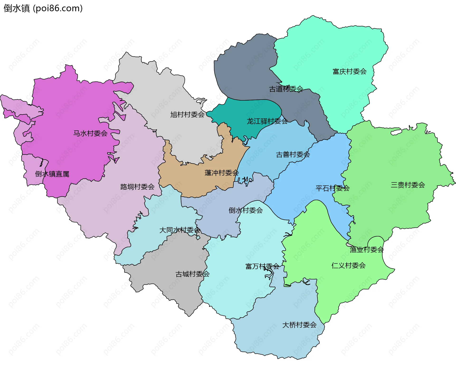 倒水镇边界地图(五级行政区划)