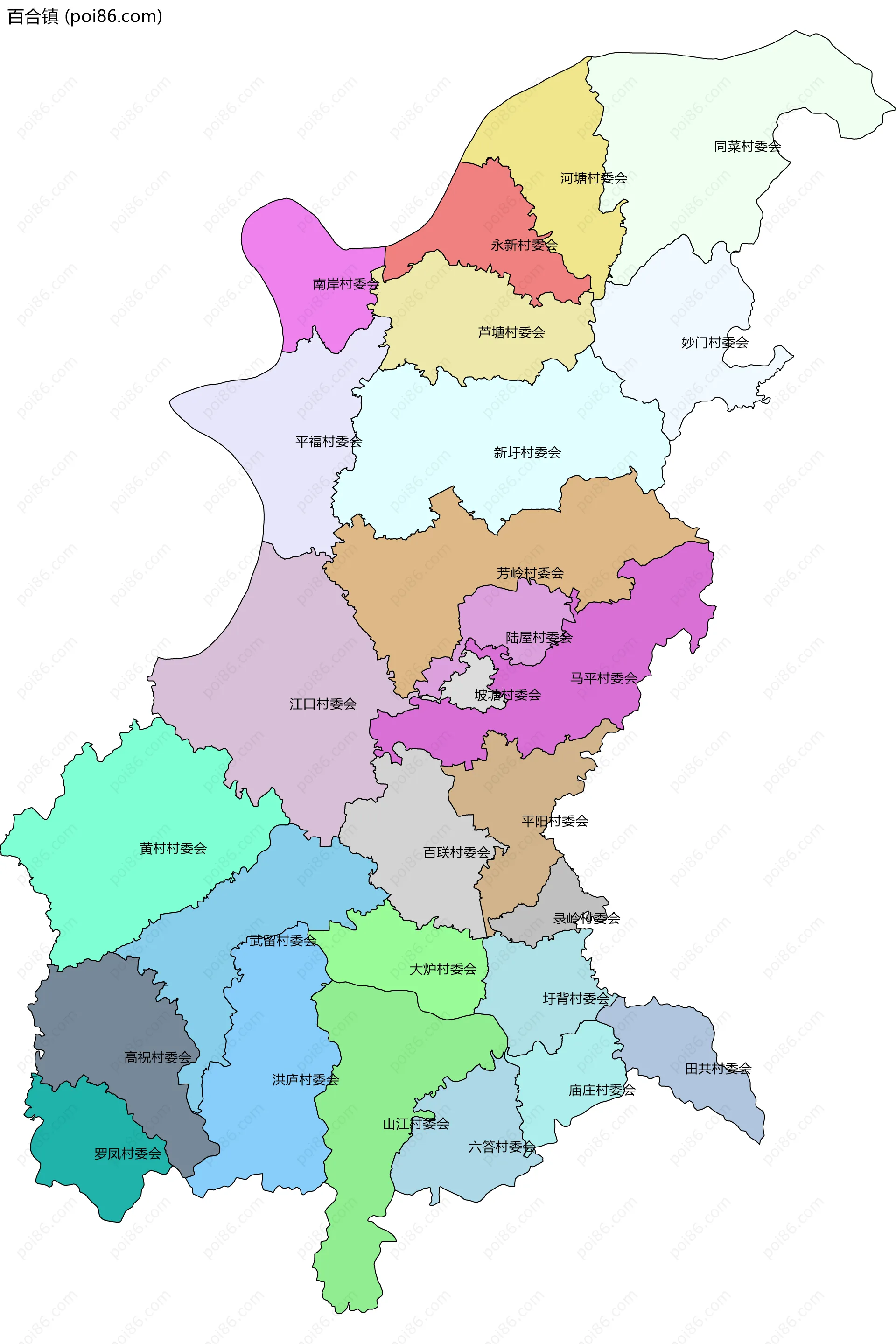 百合镇边界地图(五级行政区划)