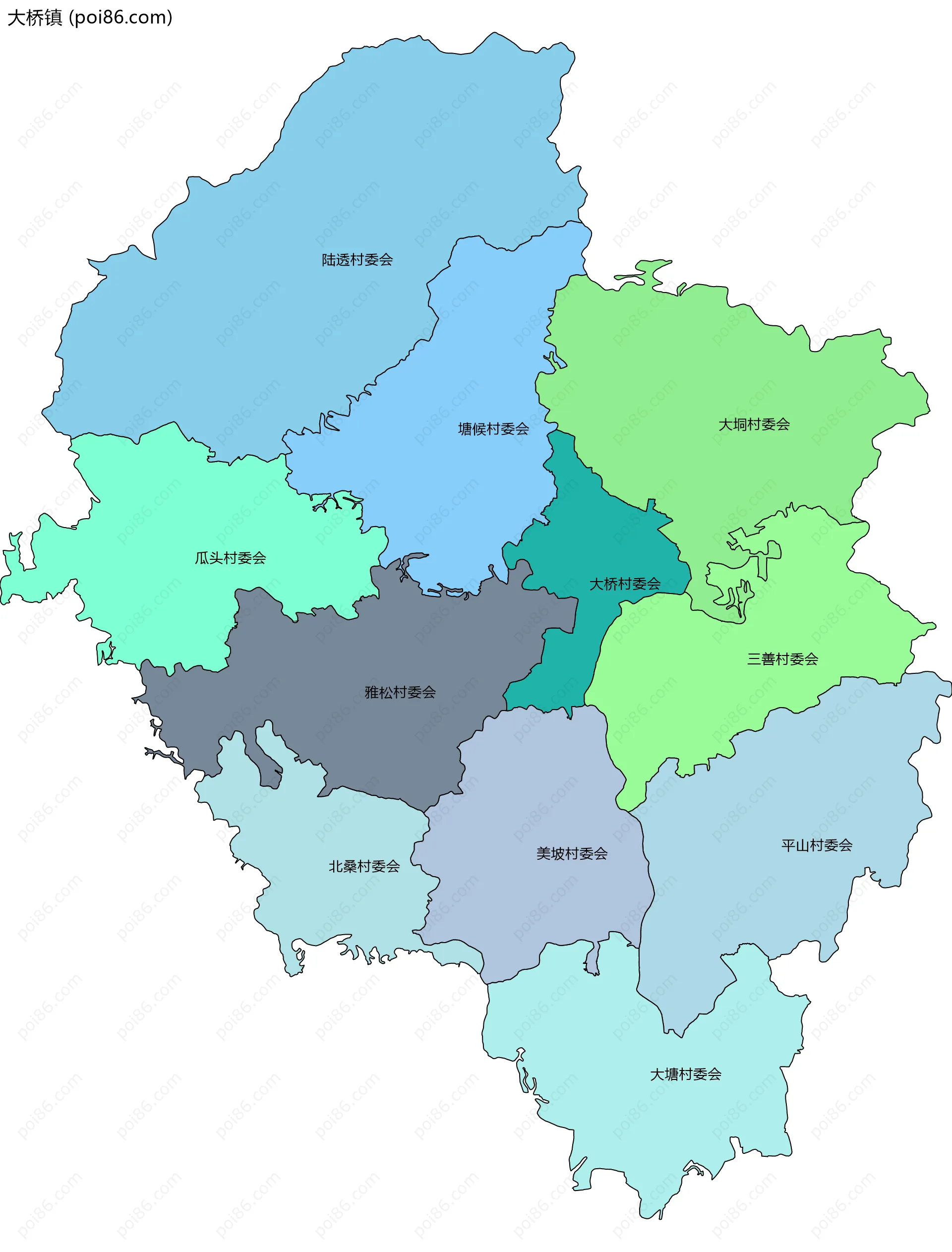 大桥镇边界地图(五级行政区划)